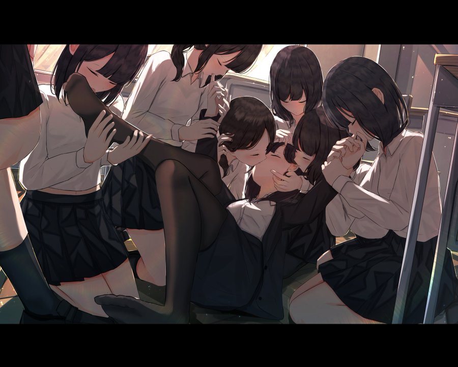 benevole feet_up female_focus female_only lesbian_kiss multiple_girls pantyhose pencil_skirt school school_uniform schoolgirl student student_and_teacher teacher teacher_and_student yuri yuri yuri