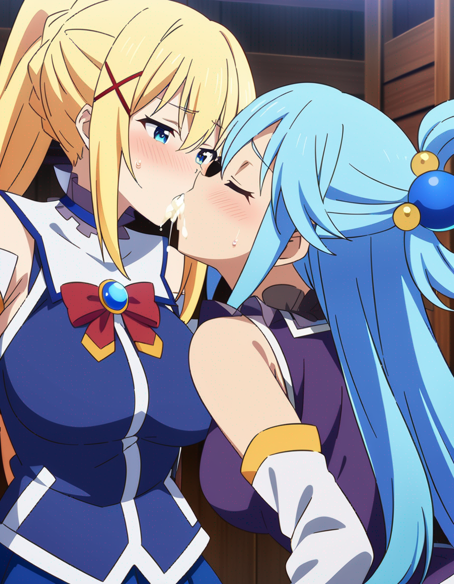 2girls ai_generated aqua_(konosuba) aqua_hair big_breasts blonde_hair blue_eyes blue_hair breasts closed_eyes clothed cum cum_drip cum_in_mouth cum_kiss cum_swap cum_swapping darkness_(konosuba) eating eating_cum female female_only horny horny_female kissing kono_subarashii_sekai_ni_shukufuku_wo! lesbian_kiss long_hair looking_at_partner morindar open_eyes snowballing swallowing swallowing_cum yellow_hair yuri