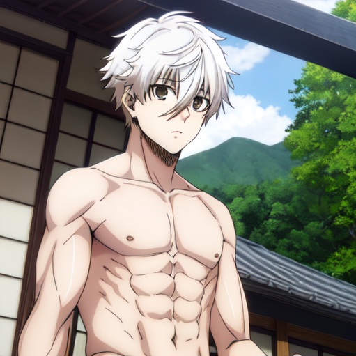 abs ai_generated anime blue_lock cropped_image gay gay_male looking_at_viewer male male_only nagi_seishiro no_visible_genitalia seishiro_nagi trees white_hair