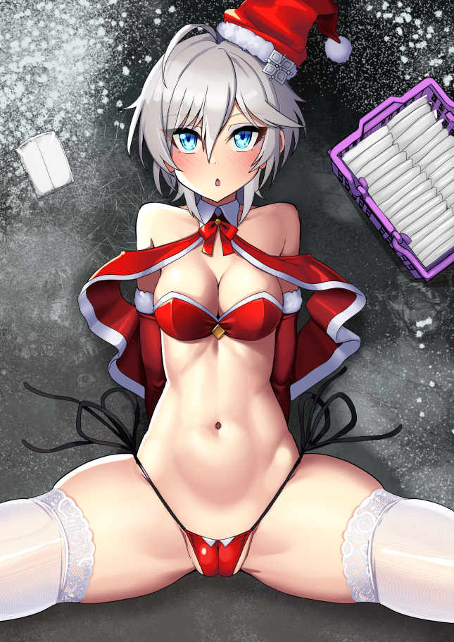 ahoge blue_eyes cameltoe christmas_hat christmas_outfit laying_on_ground ninopal open_legs short_hair skindentation small_breasts thick_thighs white_hair white_thighhighs wide_hips