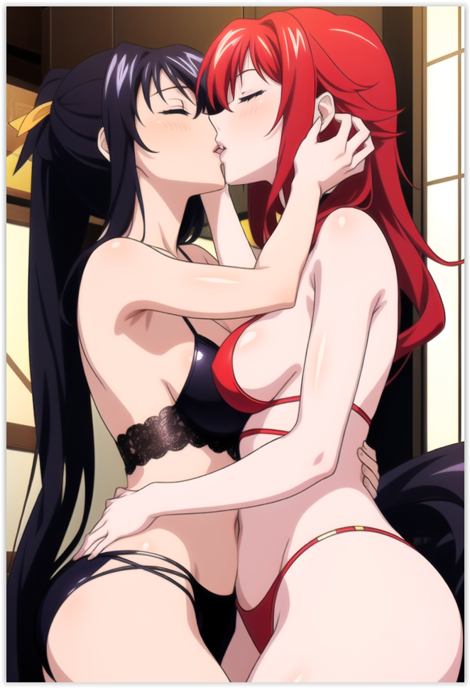 2females 2girls 2women ai_generated akeno_himejima big_ass_females bikini black_bikini black_hair_female breasts_pressed_against_another closed_eyes curvy_females girl_on_girl grabbing_another's_waist high_school_dxd large_breasts_lesbians lesbian_couple lesbian_kiss lesbian_sex lesbians light-skinned_female long_hair_female love lovers red_bikini red_hair_female rias_gremory two_dominant_females yuri