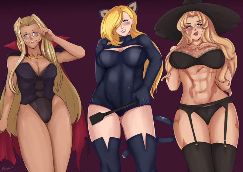 3girls abs aikiyun balalaika black_lagoon blonde_hair blue_eyes cape cat_ears cat_tail catgirl cleavage crossover eyebrows_visible_through_hair fangs female_only fullmetal_alchemist glasses halloween hellsing integra_hellsing light-skinned_female lingerie long_hair multiple_girls olivier_mira_armstrong one_color_background one_eye_covered scars tagme tan-skinned_female vampire witch witch_hat