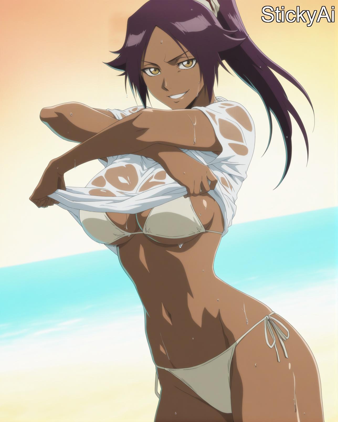 ai generated, ass, beach, big ass, big breasts, bikini, bleach, bleach: the thousand-year blood war, breasts, curvy, curvy figure, dark skin, dark-skinned female, female, female only, large breasts, shihouin yoruichi, shirt lift, stickyai, undressing, yellow eyes