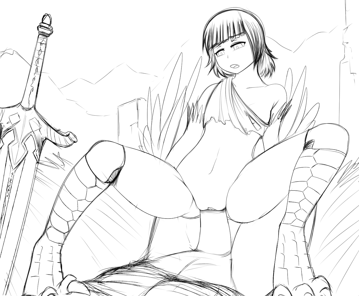 2017, animal humanoid, avian, bird, black hair, claws, clothing, corvid, cowgirl position, crow, dark souls, dark souls 3, duo, feathered wings, feathers, female, hair, harpy, highres, human, humanoid, male, mammal, melee weapon, monochrome, mountain, nude, open mouth, penetration, penis, pickle pee, pussy, replica (artist), sex, straight, sword, toe claws, vaginal penetration, video games, weapon, winged humanoid, wings