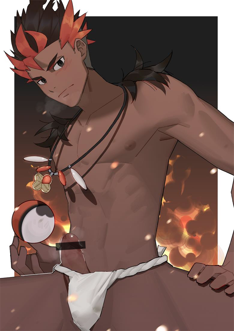 1boy, black hair, blush, brown hair, censored, dark skin, dark-skinned male, erection, fire, gay, gay male, grey eyes, heavy breathing, holding, human, jewelry, kiawe (pokemon), looking at viewer, male, male only, necklace, nintendo, nipples, penis, poke ball, pokemon, pokemon sm, red hair, short hair, solo, underwear, white border, yaoi, yaowu