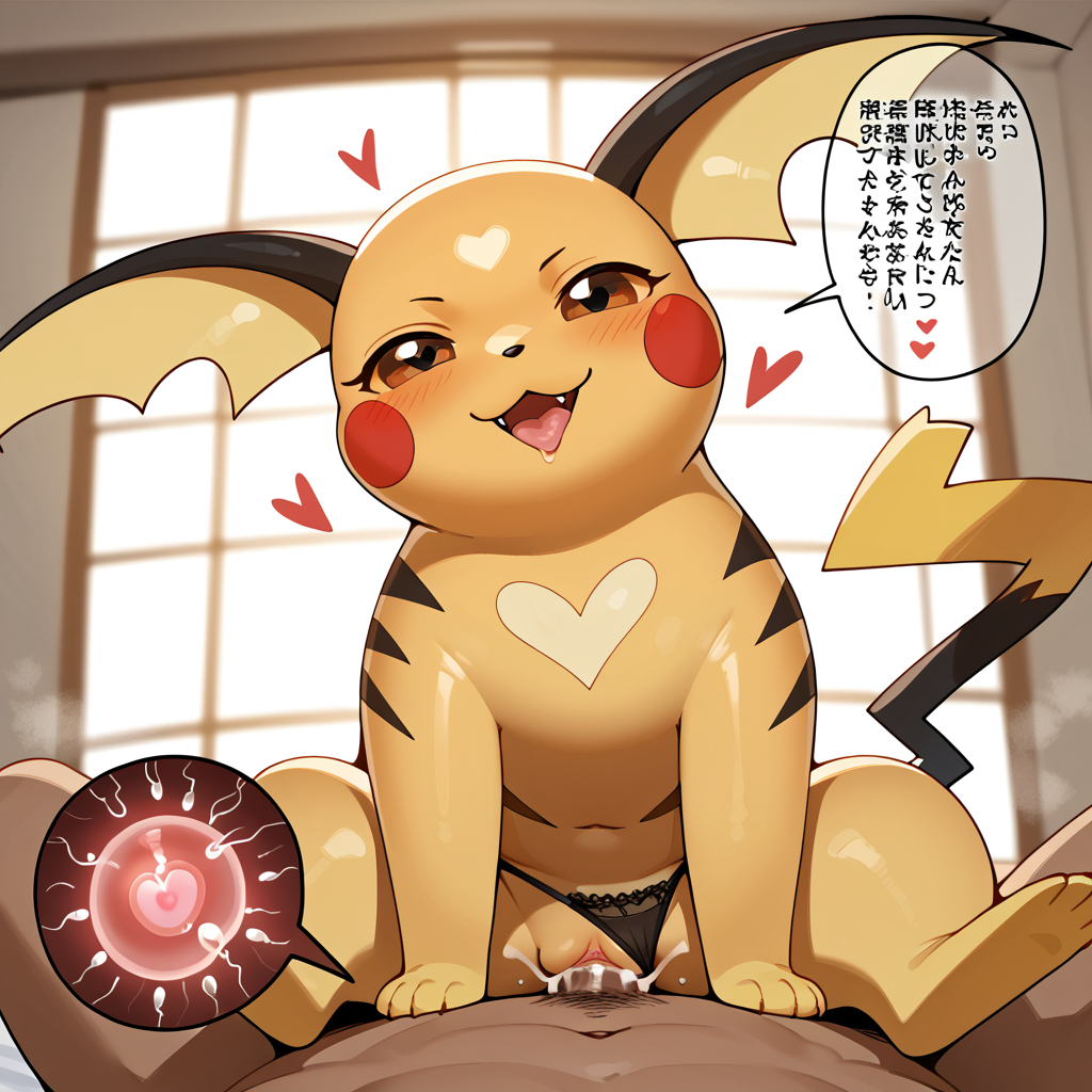 1boy 1girls ai_generated bestiality_impregnation cowgirl_position cum_in_pussy female femdom feral feral_dominating_human feral_domination feral_penetrated furry heart impregnation interspecies interspecies_impregnation japanese_text lambai11 male male_on_feral panties_aside pokemon pokemon_(species) pov raichu saliva_drip thong vaginal_penetration zoophilia