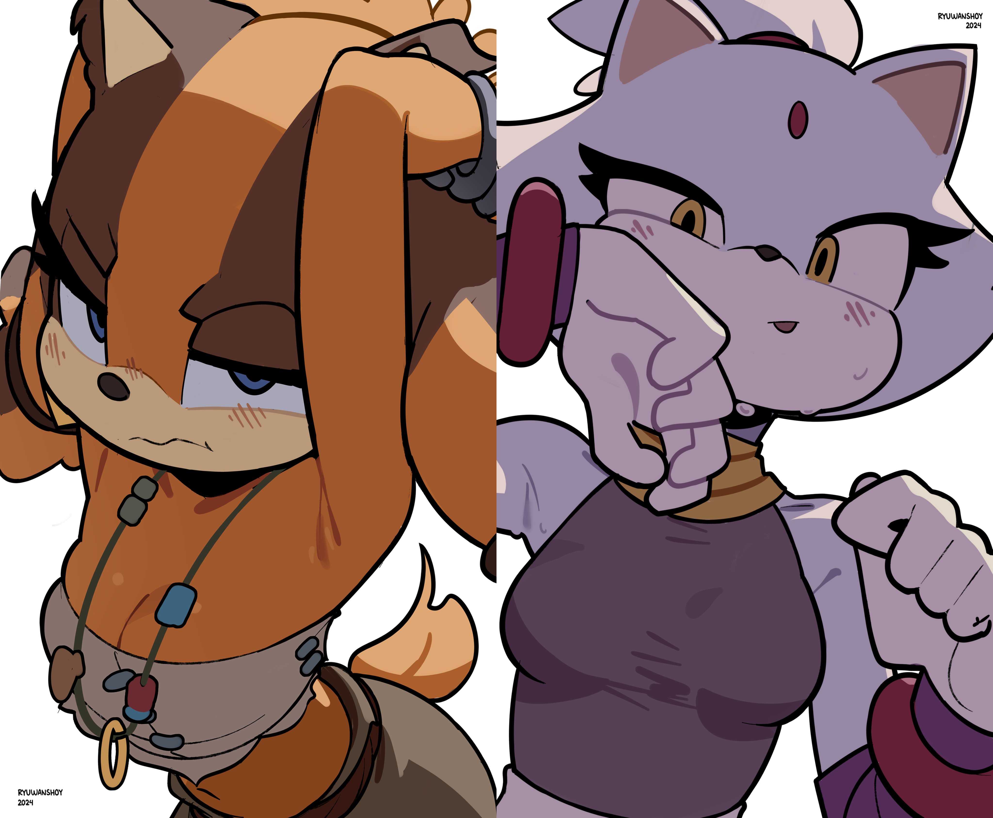 armpits, blaze the cat, breasts, digital art, digital drawing (artwork), female, hands behind head, looking at viewer, medium breasts, necklace, necklace between breasts, nervous, ryuwan, small breasts, sonic (series), sonic boom, sonic the hedgehog (series), sports uniform, sticks the badger