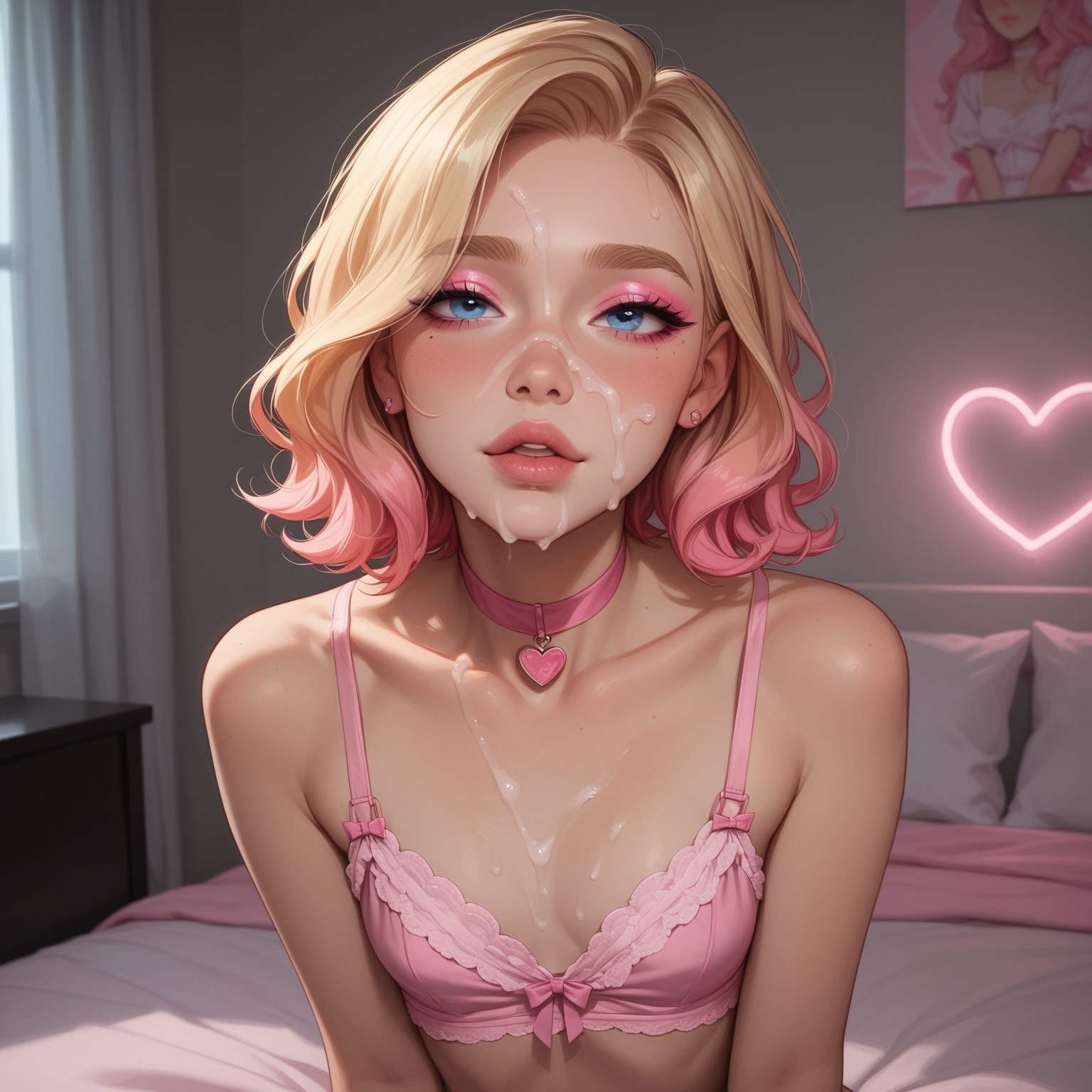 ai generated, bedroom, blindparty, blindparty oc blossom, blonde hair, blue eyes, bra, breasts, choker, civitai, crossdressing, cum on body, cum on face, eyeshadow, facial, femboy, looking at viewer, makeup, male, male only, mascara, multicolored hair, on bed, original character, pink bra, pink hair, pink nails, seductive, sitting on bed, small breasts, tagme, trap