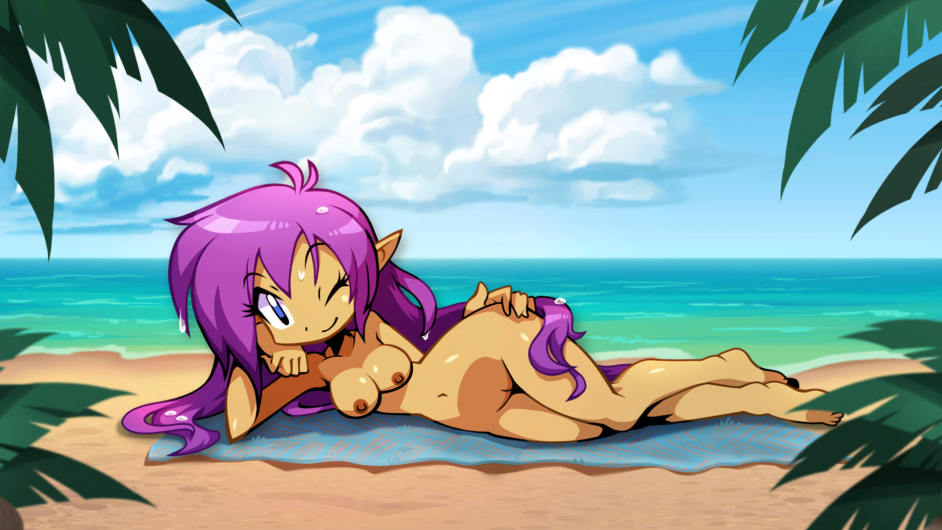 beach, blue eyes, breasts, clouds, edit, female, female only, genie, long hair, looking at viewer, naked, nipples, nude, palm tree, pirate, pointy ears, purple hair, pussy, sand, sea, shantae, shantae (character), shantae: half-genie hero, smooth skin, solo, tagme, towel, video game, water, wayforward, wet, wink