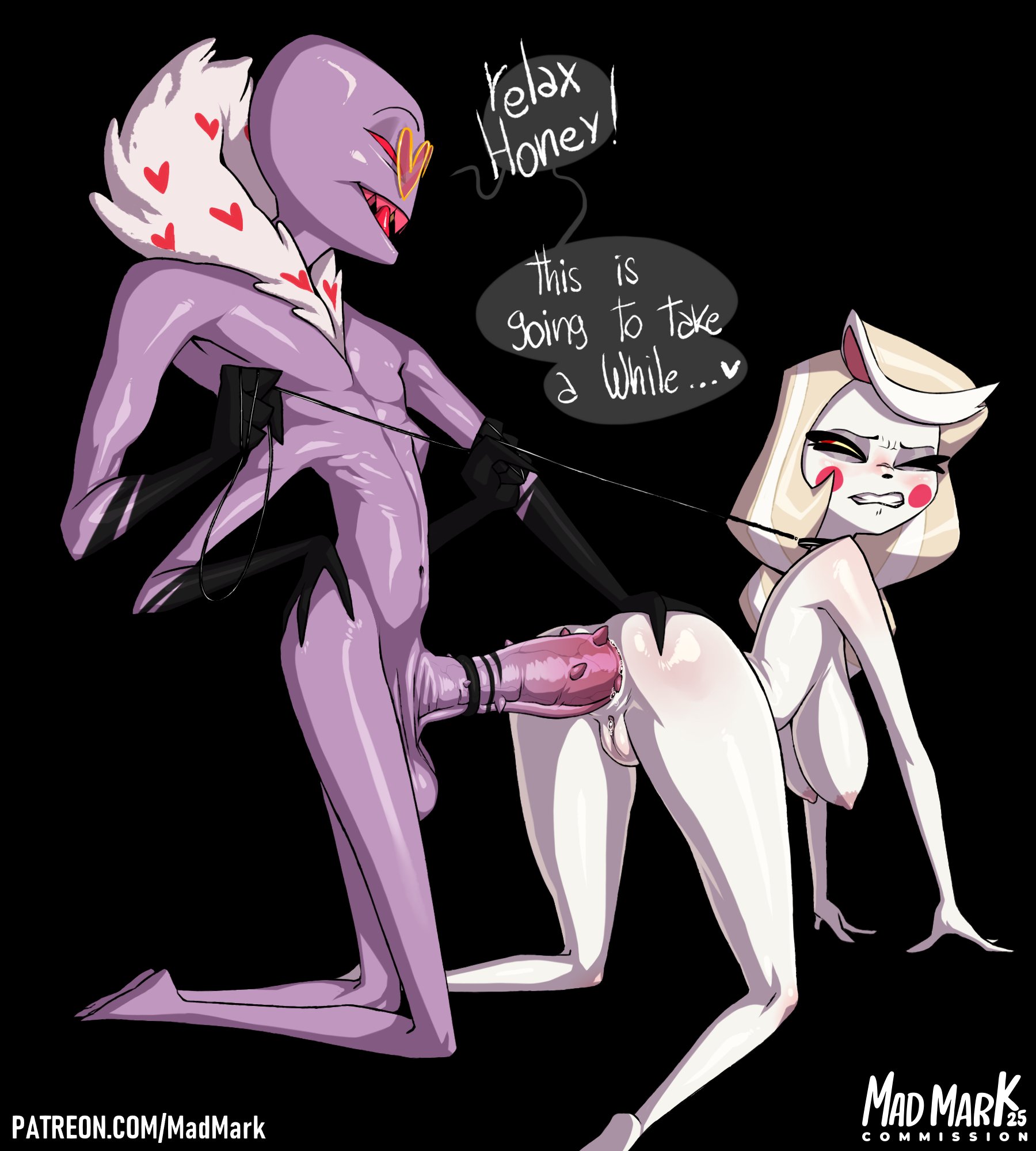anal, anal sex, belt buckle, big breasts, big penis, breasts, charlie morningstar (hazbin hotel), demon, demon girl, dialogue, duo, english text, female, female penetrated, forced sex, hazbin hotel, hi res, looking back, madmark, male, male penetrating, male penetrating female, male/female, nude, painal, penis, pussy, rape, sex, straight, text, valentino (hazbin hotel)