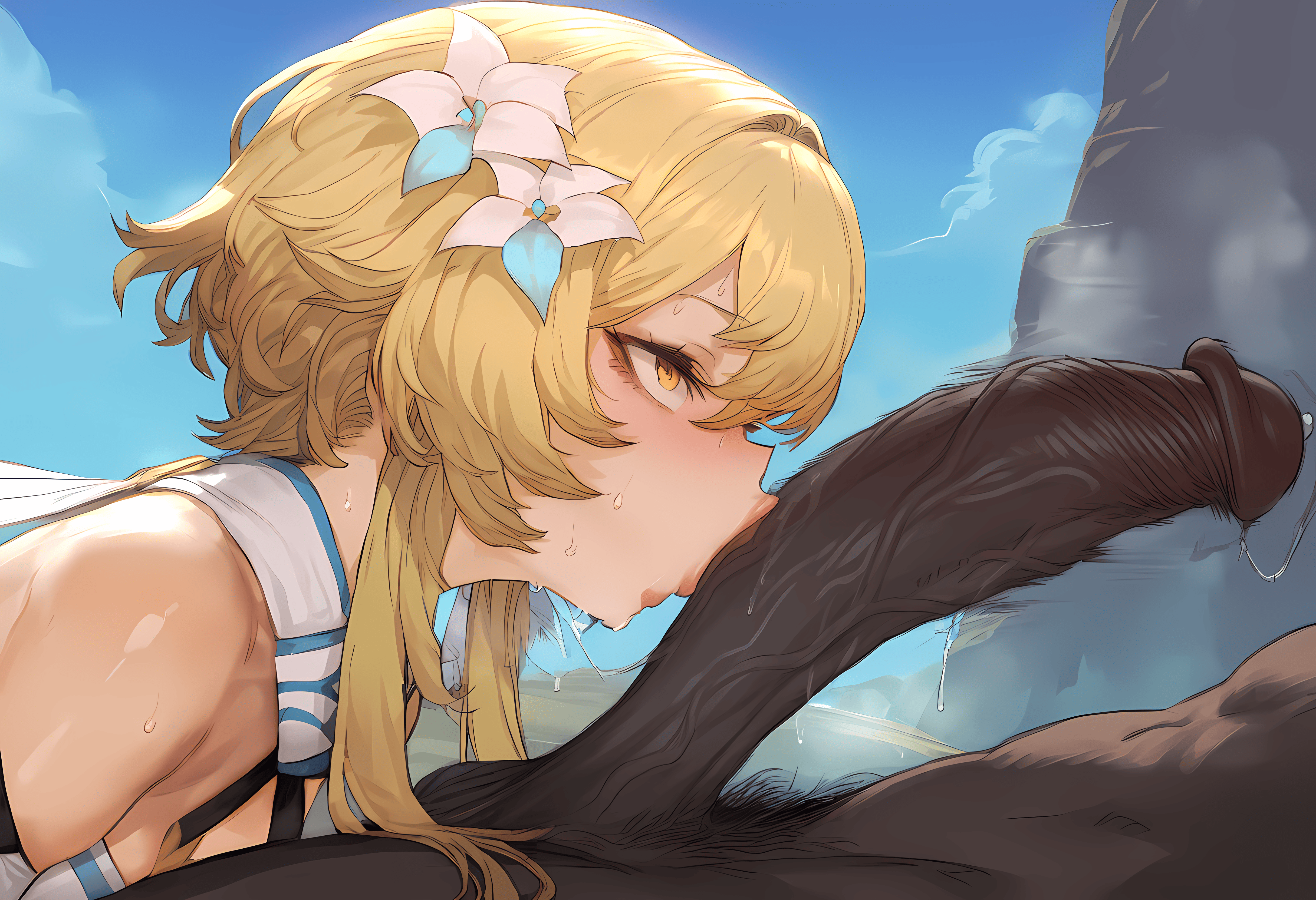 1girls, ai generated, ass, big ass, big breasts, big penis, breasts, dark skin, dark-skinned male, female, genshin impact, huge ass, huge breasts, huge cock, kaikoi, lickin, licking, licking penis, light skin, light-skinned female, lumine (genshin impact), male, penis, wide hips