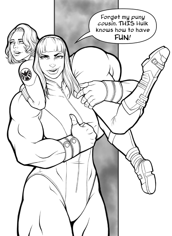 2girls, ass, avengers, black widow (marvel), boots, bragging, carrying over shoulder, carrying partner, confident, dialogue, female, female only, fingerless gloves, gloves, hulk (series), leotard, line art, lineart, marvel, marvel comics, monochrome, muscles, muscular, muscular female, natasha romanoff, secret agent, she-hulk, speech bubble, spy, superheroine, trpxart, yuri