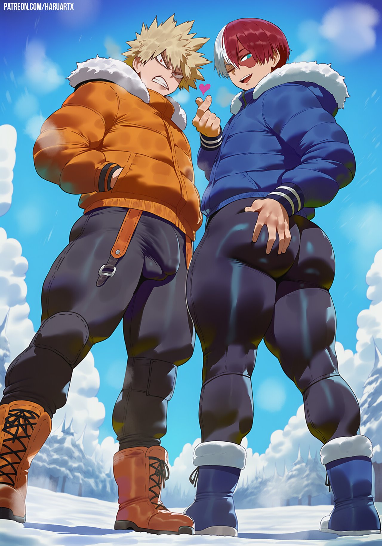 2boys, ai generated, bakugou katsuki, big ass (male), boku no hero academia, bulge, bulge through clothing, clothed, gay, haruartx, katsuki bakugou, male, male only, male penetrating male, male/male, my hero academia, penis, shouto todoroki, snow, todoroki shouto, visible penis shape, yaoi