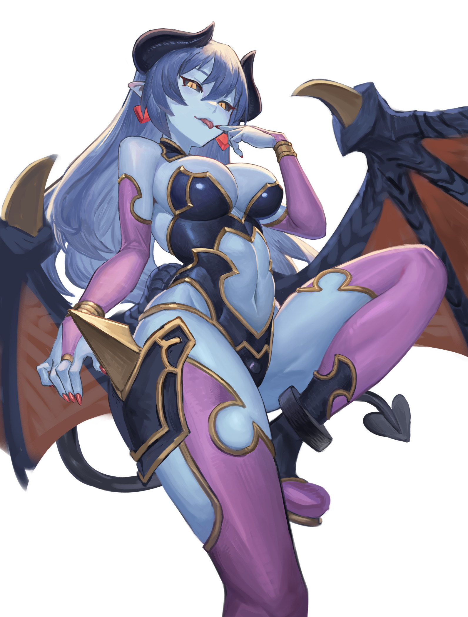 astaroth (shinrabanshou), big breasts, blue skin, breasts, cleavage, daisuke 6897, demon, female, heart shaped tail, horns, one leg up, shinrabanshou, succubus, succubus horns, succubus tail, succubus wings, tagme, tail, thick thighs, tongue