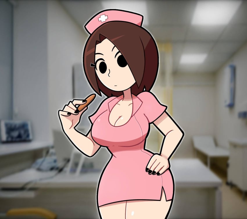 1girls, bangs, black eyes, black nails, breasts, brown hair, cap, cleavage, closed mouth, clothing, dress, female, gunner, hands, hat, headwear, holding object, holding syringe, large breasts, looking, looking at viewer, mii, mii gunner, mii gunner (smash ultimate), mob face, nail polish, nintendo, nurse, nurse cap, nurse uniform, parted, pink dress, real background, scott falco, scottfalco (artist), short sleeves, solo, standing, super smash bros., syringe, up, viewer pov