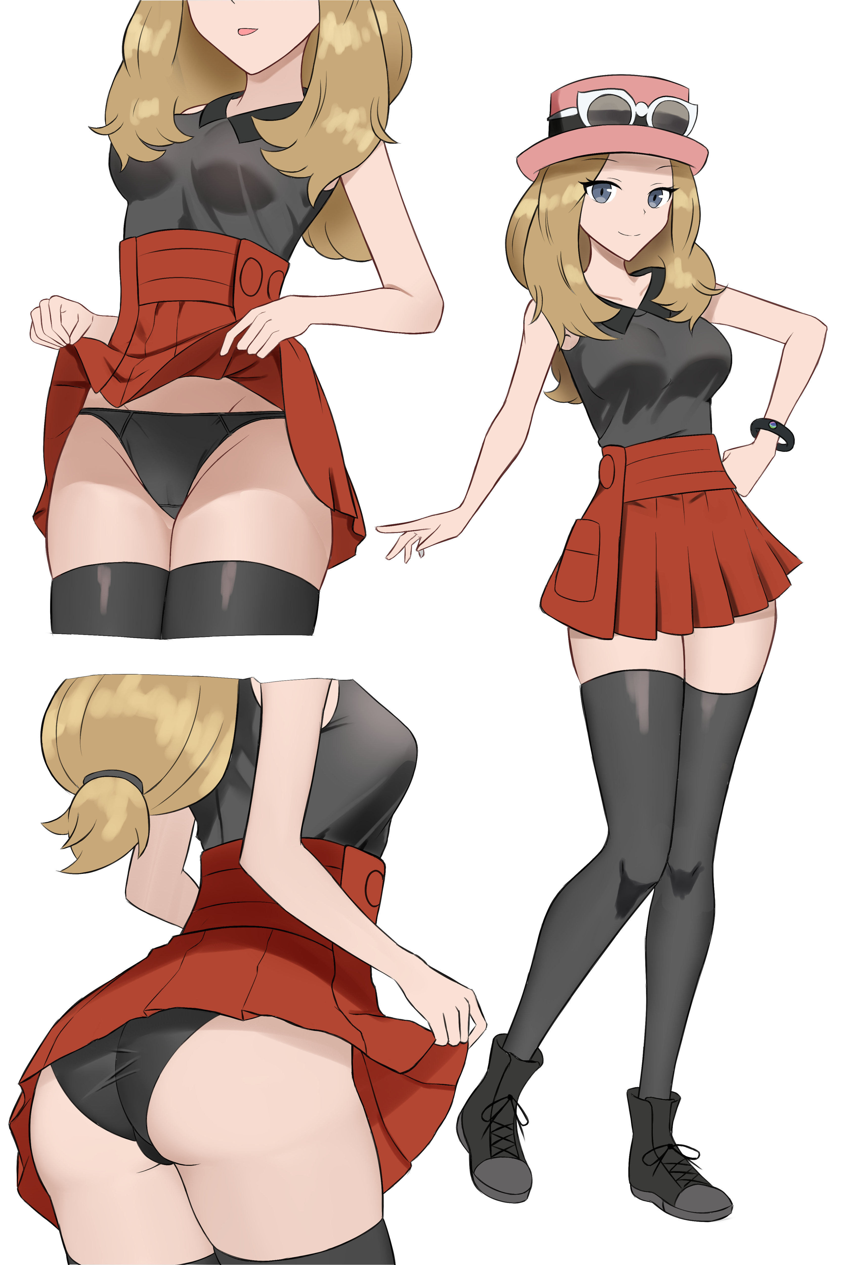 absurdres, ass, black panties, black thighhighs, blonde hair, blue eyes, breasts, clothes lift, eyewear on headwear, female, full body, ganzzzo, hand on own hip, hat, highres, long hair, looking at viewer, low-tied long hair, medium breasts, miniskirt, nintendo, panties, pokemon, pokemon xy, red skirt, serena (pokemon games), serena (pokemon), shirt, shoes, simple background, skirt, skirt lift, sleeveless, sleeveless shirt, sneakers, thighhighs, underwear, upskirt, white background