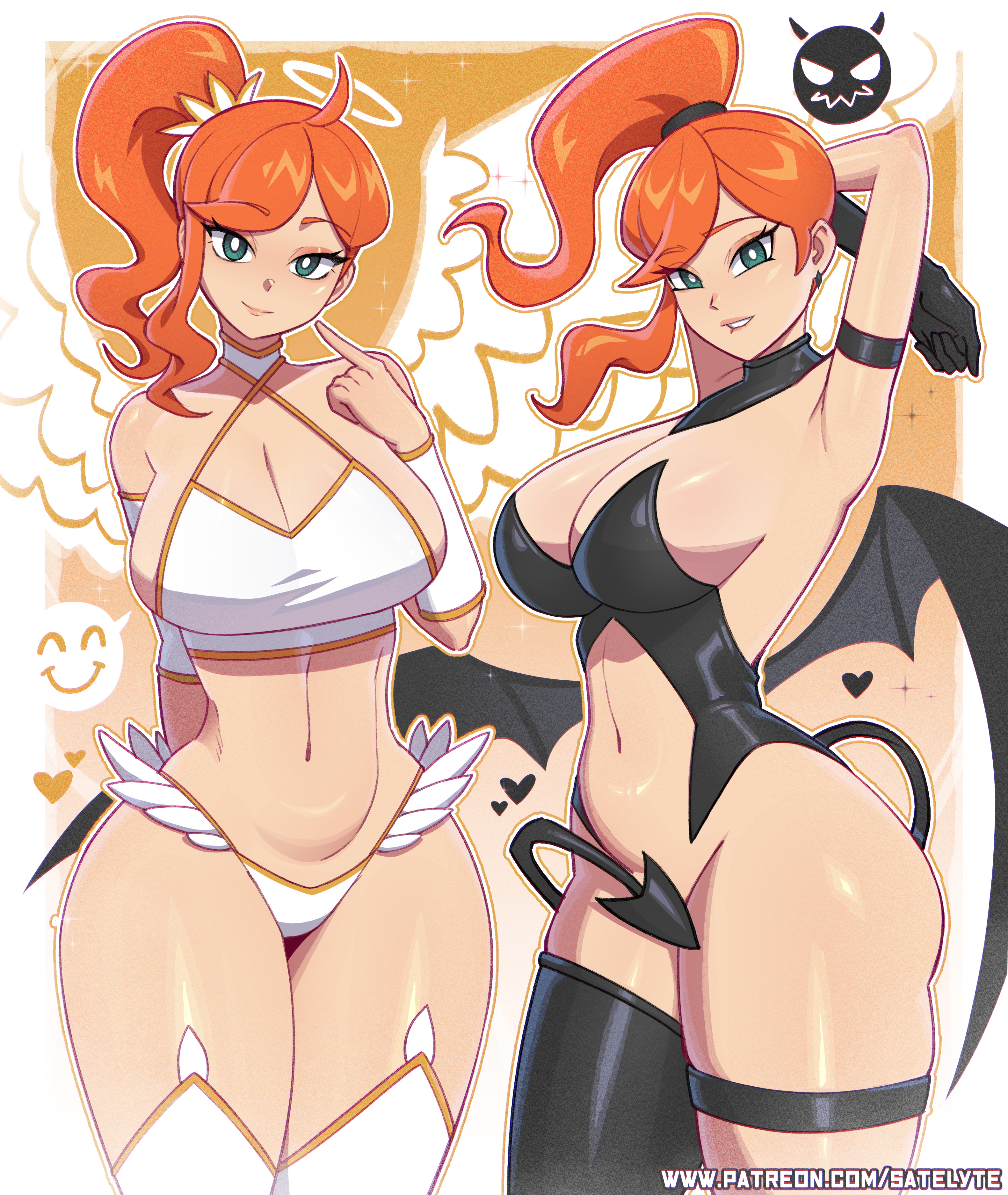1girls, absurdres, ahoge, angel, angel and devil, angel wings, armband, arms behind head, arms up, bikini, biting own lip, black gloves, black leotard, blush, bottomless, breasts, cleavage, clothing, convenient censoring, demon girl, demon tail, demon wings, detached collar, earrings, female, finger to mouth, game freak, gloves, green eyes, grin, halloween, halloween costume, halo, heart, highres, index finger raised, jewelry, large breasts, legs together, leotard, long hair, looking at viewer, multiple views, navel, nintendo, orange hair, orange-haired female, pokemon, pokemon ss, pokemon swsh, ponytail, satelyte, side ponytail, single glove, smile, smiley face, sonia (pokemon), speech bubble, spoken smile, standing, sweat, swimsuit, tail, tail censor, teeth, thick thighs, thighhighs, thighs, white bikini, white legwear, white thighhighs, wide hips, wings, wristband