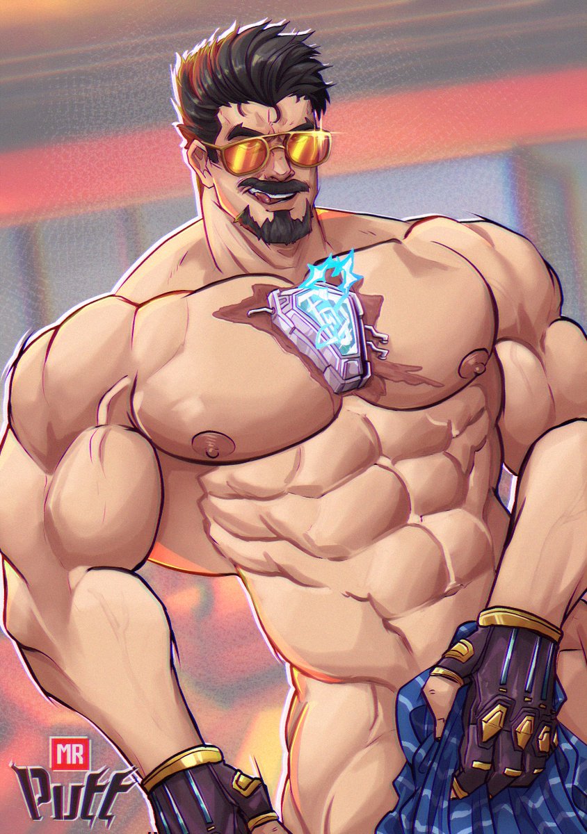 bara, big pecs, iron man, iron man (big shot), iron man (marvel rivals), male, male focus, male only, marvel, marvel comics, marvel rivals, moustache, mrputt, muscular, muscular male, solo, sunglasses, tony stark, yaoi