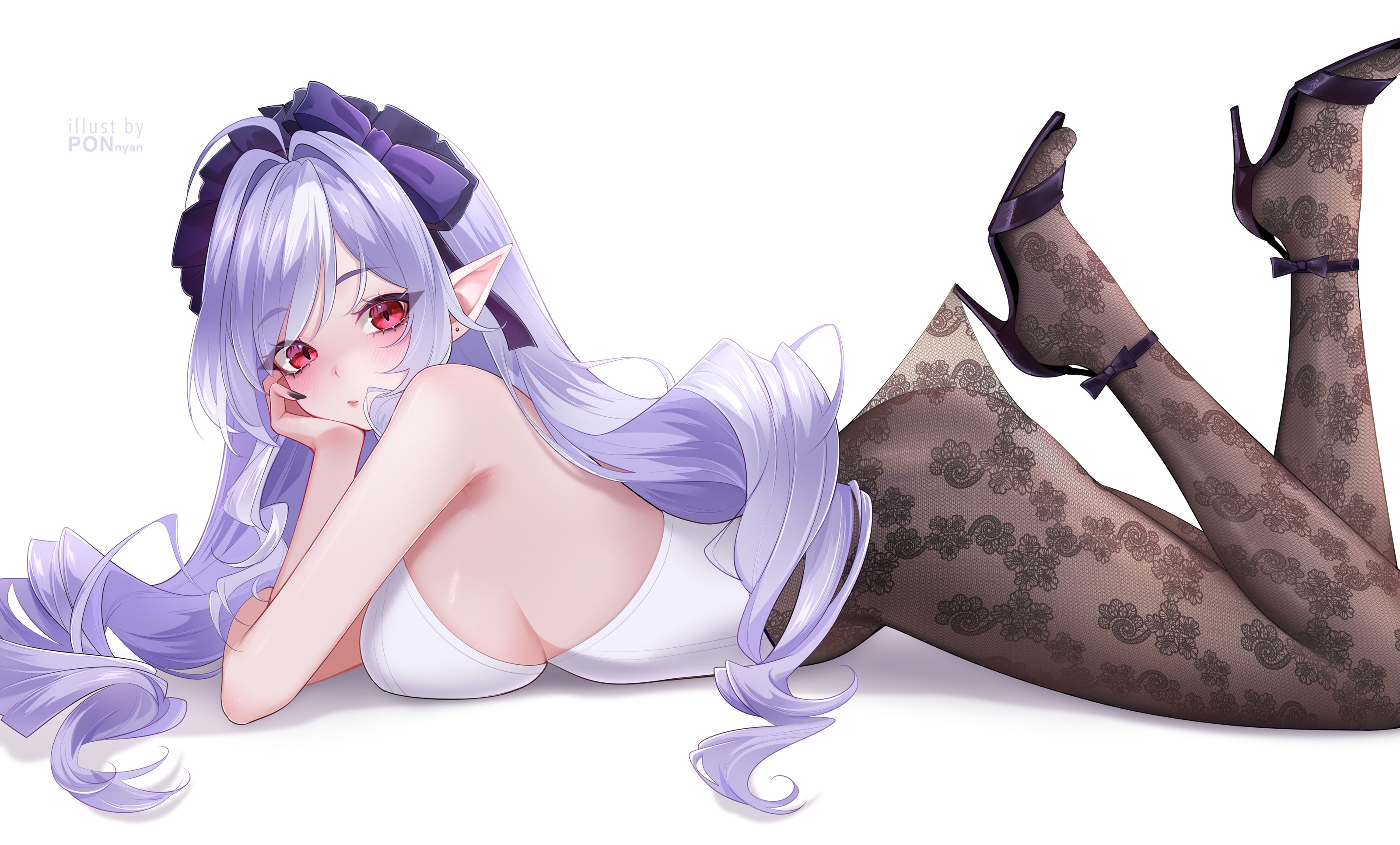 1girls, breasts, female, fishnets, heels, hoyoverse, long hair, mihoyo, purple hair, red eyes, sideboob, vivian (zenless zone zero), vivian banshee, zenless zone zero