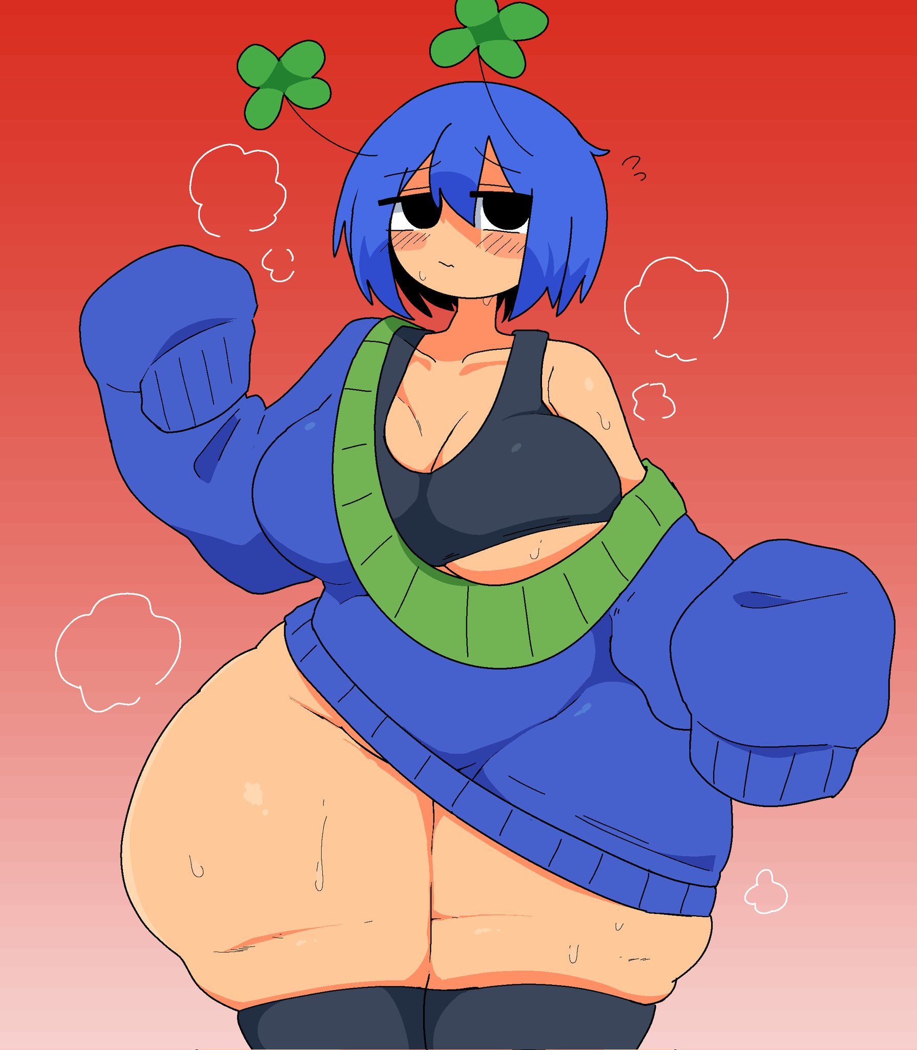 black eyes, blue hair, blush, bottom heavy, bra, breasts, collarbone, embarrassed, female, gigantic ass, gigantic thighs, huge breasts, hyper hips, negitoro (ntlrjqsolnlijmr), off shoulder, short hair, skindentation, thick hips, thick thighs, thighhighs, underboob, wide hips