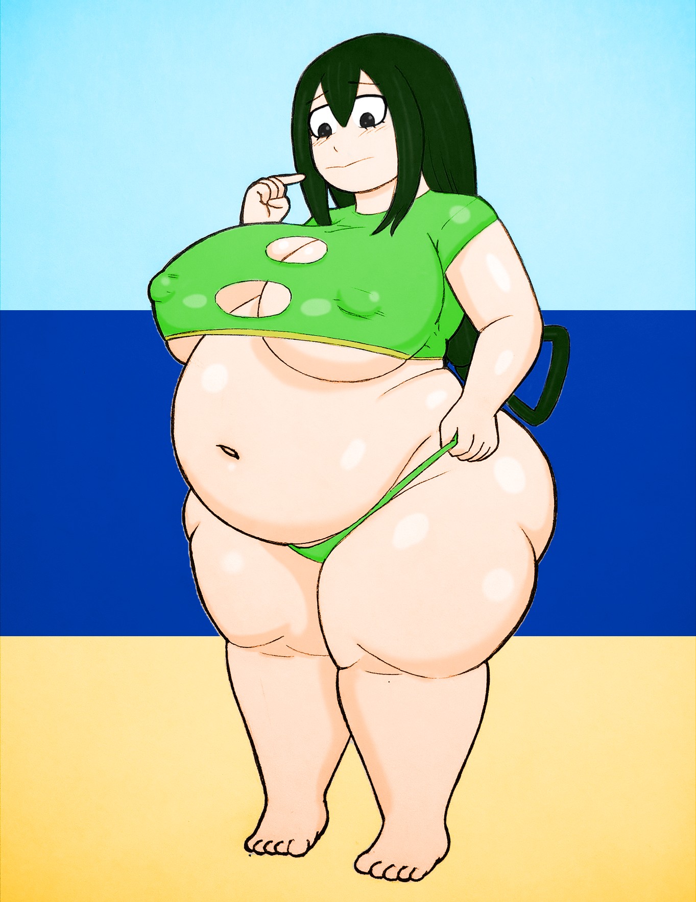 1girls, asui tsuyu, bbw, boku no hero academia, breasts, chubby, chubby female, female, female only, gigantic breasts, huge belly, huge breasts, my hero academia, obese, obese female, overweight, overweight female, ronic lagann, solo, solo female, standing, teenager, tsuyu asui, weight gain
