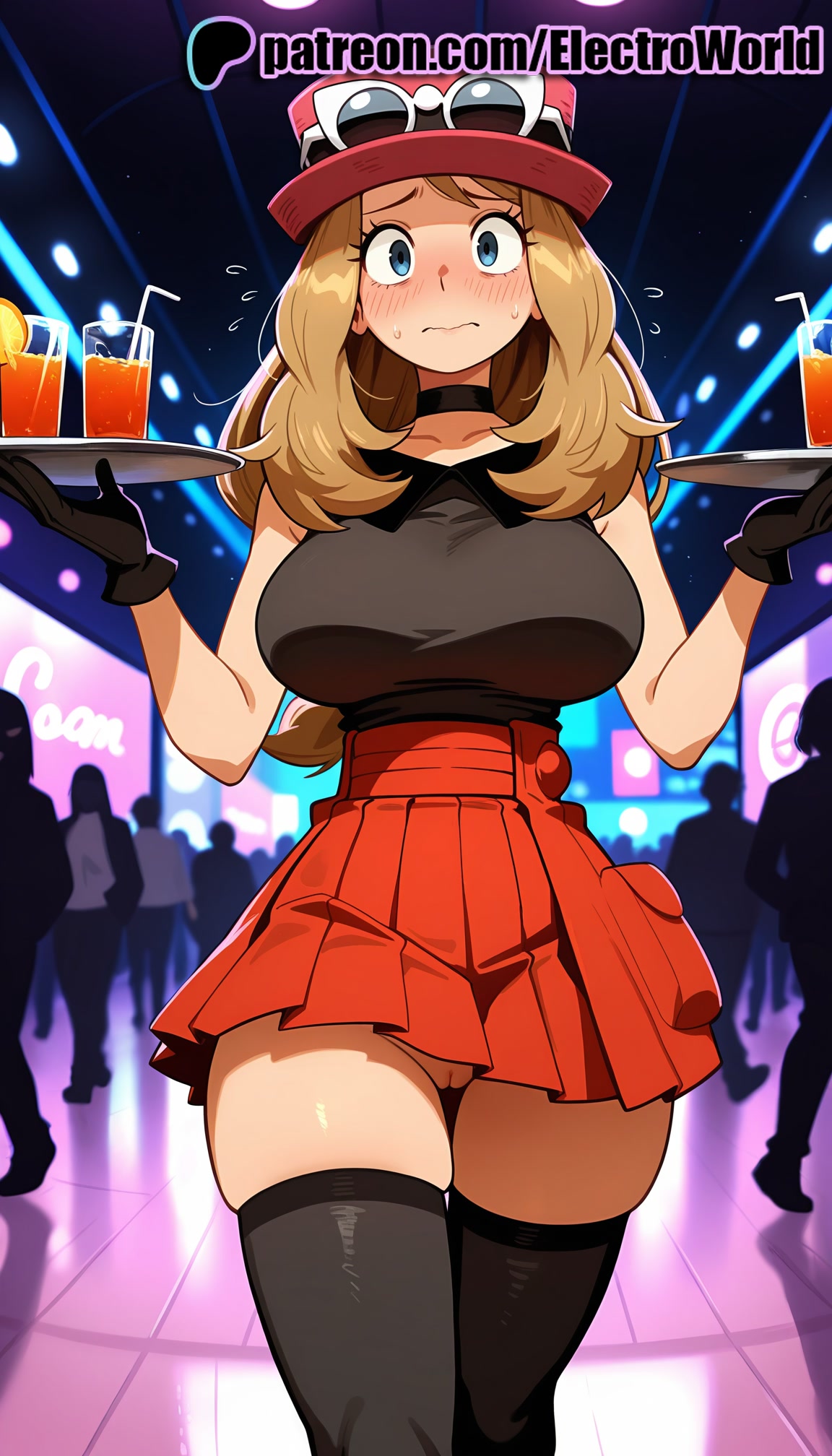 1girls, 2025, ai generated, artist name, bendy straw, black gloves, black legwear, blonde hair, blush, breasts, bust, champagne flute, chest, cocktail glass, cup, drink, drinking glass, drinking straw, electroworld, english text, eyewear on head, female, glass, gloves, hat, hi res, high quality, high resolution, highres, holding, lemon slice, long hair, male, multiple boys, multiple males, patreon, patreon username, pleated skirt, pokemon, serena (pokemon), skirt, solo focus, stable diffusion, sunglasses, thighhighs, tile floor, tiles, tray, watermark