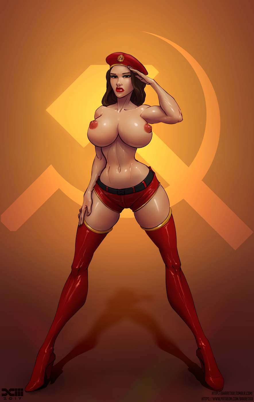 abdomen areolae barretxiii belly_button big_breasts boots breasts brown_eyebrows brown_hair command_and_conquer communism communist curvy curvy_body erect_nipples eyebrows female female_only female_soldier hammer_and_sickle high_heel_boots high_heels large_breasts lips looking_at_viewer muscles muscular_female natasha_volkova nipples no_bra no_shirt pinup pose red_alert_(video_games) red_alert_3 red_boots red_lips red_lipstick red_nipples salute solo soviet thick_thighs thigh_boots thighhighs topless