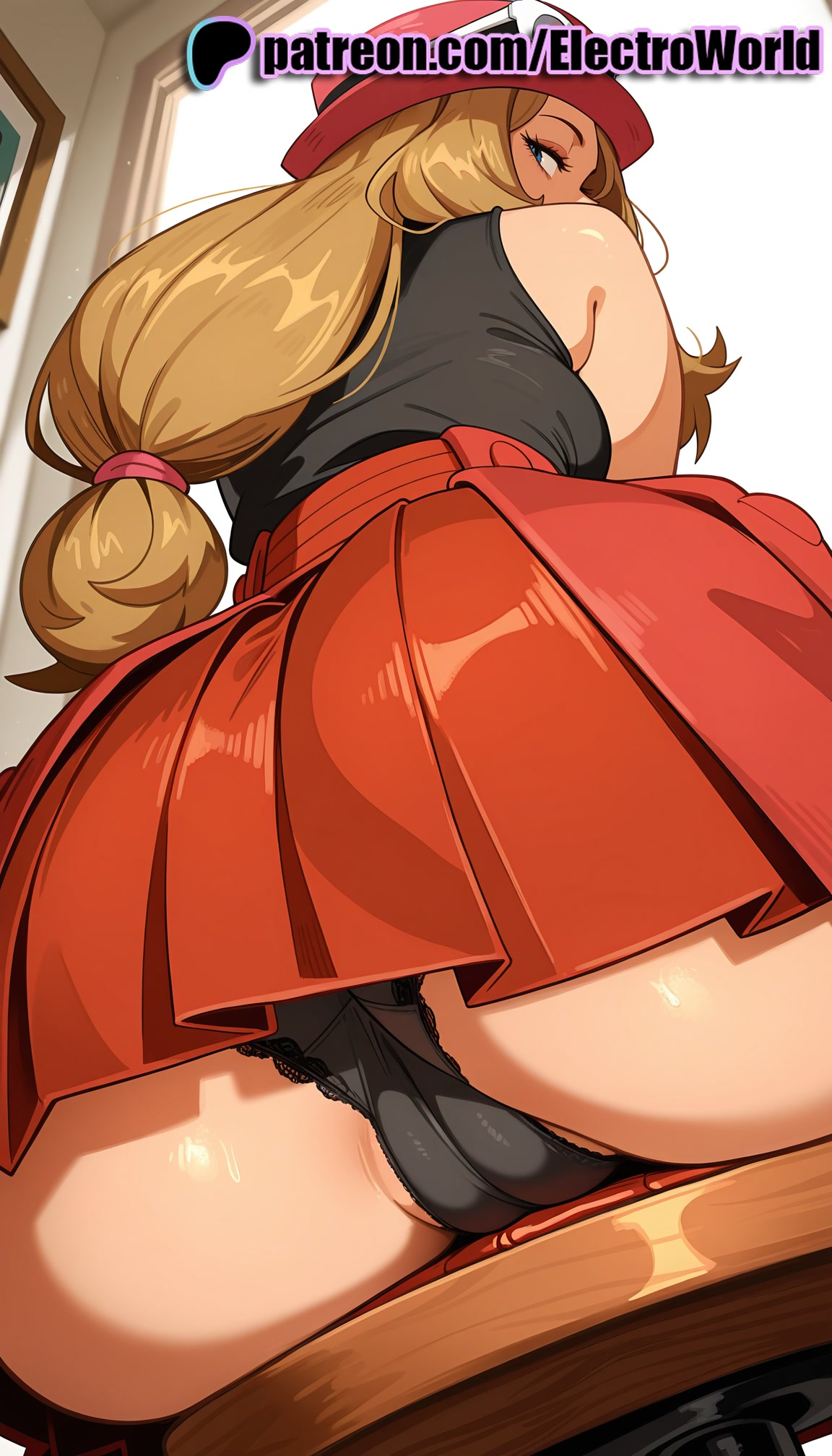 1girls, 2025, ai generated, artist name, ass, black panties, blonde hair, desk, electroworld, female, from below, hat, hi res, high quality, high resolution, highres, long hair, low-tied long hair, panties, patreon, patreon username, pokemon, serena (pokemon), skirt, solo, stable diffusion, table, underwear, watermark