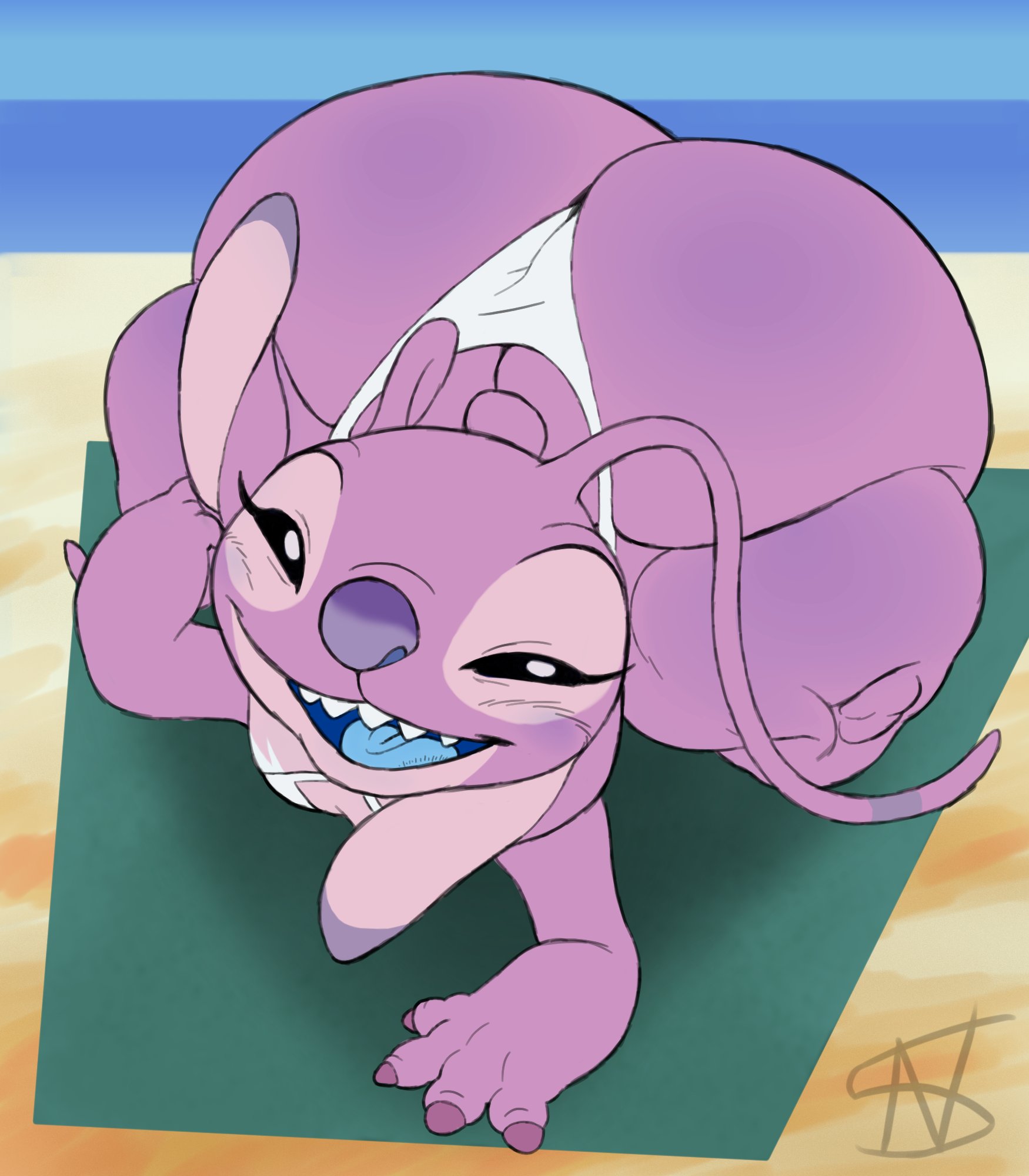 2025, 4 fingers, alien, angel (lilo and stitch), antennae (anatomy), antennae markings, anthro, ass, beach, bedroom eyes, big ass, big butt, bikini, bikini bottom, bikini top, black eyes, blue mouth, blue tongue, bubble butt, chest markings, claws, clothing, detailed background, disney, ear markings, experiment (lilo and stitch), eyelashes, eyes mostly closed, fangs, fat ass, female, finger claws, fingers, flat chested, floppy ears, front view, furry, furry female, hi res, huge ass, huge butt, huge hips, huge thighs, lilo and stitch, long antennae, looking at viewer, markings, narrowed eyes, nightsome, open mouth, open smile, overweight, overweight anthro, overweight female, pink body, purple claws, purple markings, purple nose, seductive, shortstack, signature, small tail, smile, solo, swimwear, tail, teeth, thick thighs, tongue, towel, two-piece swimsuit, white body, white markings, wide hips
