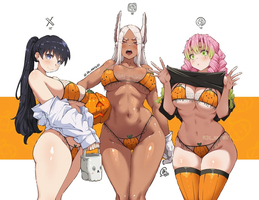 3girls, bikini, crossover, demon slayer, female, halloween, jk arts, kanroji mitsuri, miruko, nagi arato, rumi usagiyama, ruri no houseki, ruri rocks