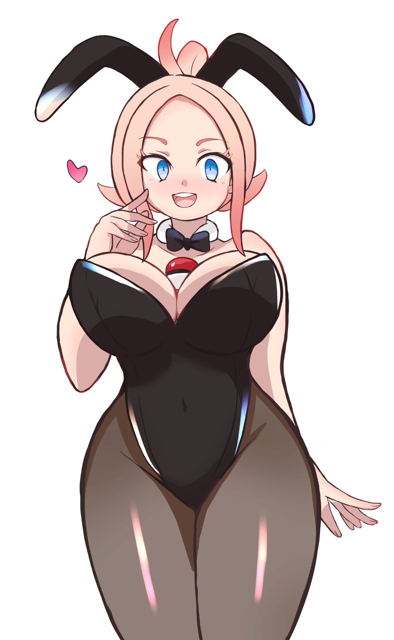 1girls, black bow, black bowtie, black bunnysuit, blue eyes, bow, bowtie, breasts, bunny ears, bunny girl, bunnysuit, covered navel, detached collar, female, game freak, nintendo, open mouth, playboy bunny, pokeball, pokeball between breasts, pokemon, pokemon legends: z-a, retori tori, simple background, solo, solo female, solo focus, taunie (pokemon), thick thighs, thighs, tongue, townie (pokemon), upper teeth, upper teeth only, white background
