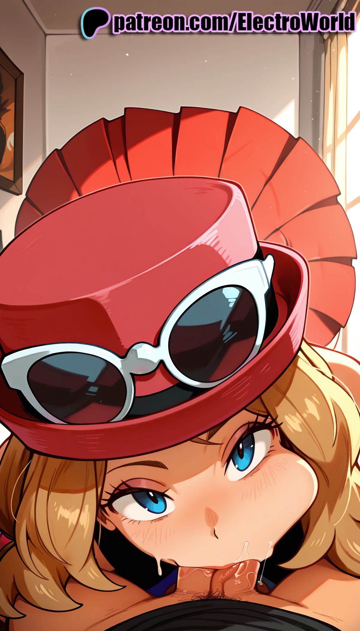 1boy, 1girls, 2025, ai generated, artist name, blowjob, blowjob face, blue eyes, cock, dick, electroworld, eyewear on head, eyewear on headwear, fellatio, female, goggles, hat, hi res, high quality, high resolution, highres, licking, male, oral, oral sex, patreon, patreon username, penis, pokemon, pov, serena (pokemon), solo focus, stable diffusion, straight, sucking, sunglasses, watermark