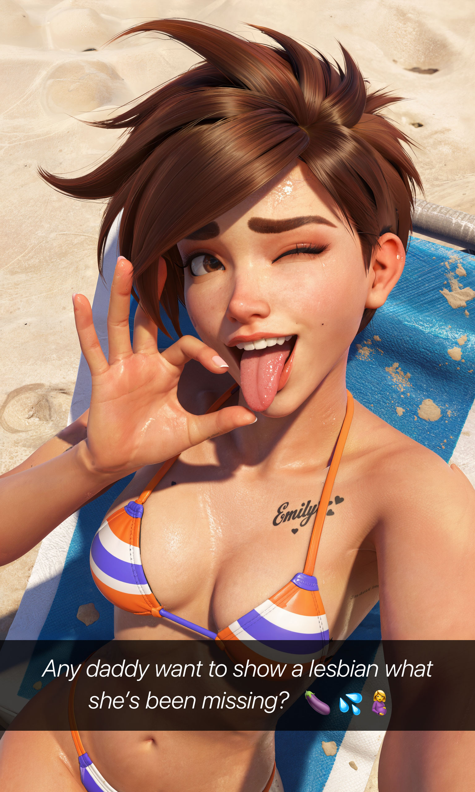 3d, ai generated, beach, breasts, brown hair, caption, cheating, cheating girlfriend, english text, fellatio gesture, female, horny female, human, human female, impregnation request, lena oxton, lesbian conversion, lesbian with male, lgd, light-skinned female, lipstick, oceanforest, orientation play, outdoors, overwatch, overwatch 2, selfie, short hair, sweat, tattoo, text, text message, tongue out, tracer, wink
