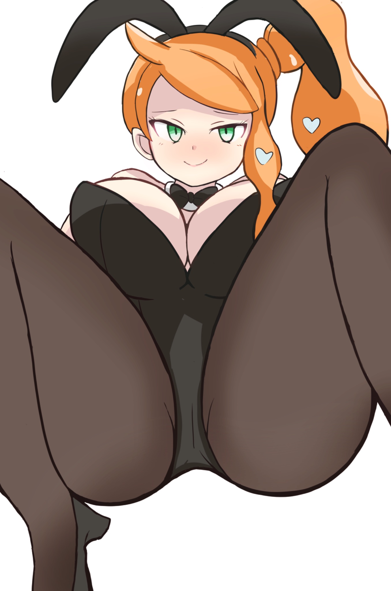 1girls, ass, black bow, black bowtie, black bunnysuit, black footwear, bow, bowtie, breasts, bunny ears, bunnysuit, cleavage, detached collar, female, game freak, ginger, ginger hair, green eyes, large breasts, looking at viewer, nintendo, orange hair, pantyhose, playboy bunny, pokemon, pokemon ss, retori tori, simple background, solo, solo female, solo focus, sonia (pokemon), spread legs, white background