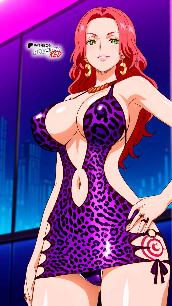 1girls, ai generated, baccarat (one piece), bodycon, boosterred99, collarbone, curvy, dress, earrings, female, female only, green eyes, hi res, illustrious (stable diffusion), indoors, jewelry, leg tattoo, leopard, leopard print, lips, long hair, o-ring, one piece, pony diffusion xl, purple dress, red hair, red tattoo, red-haired female, short dress, tattoo, thong