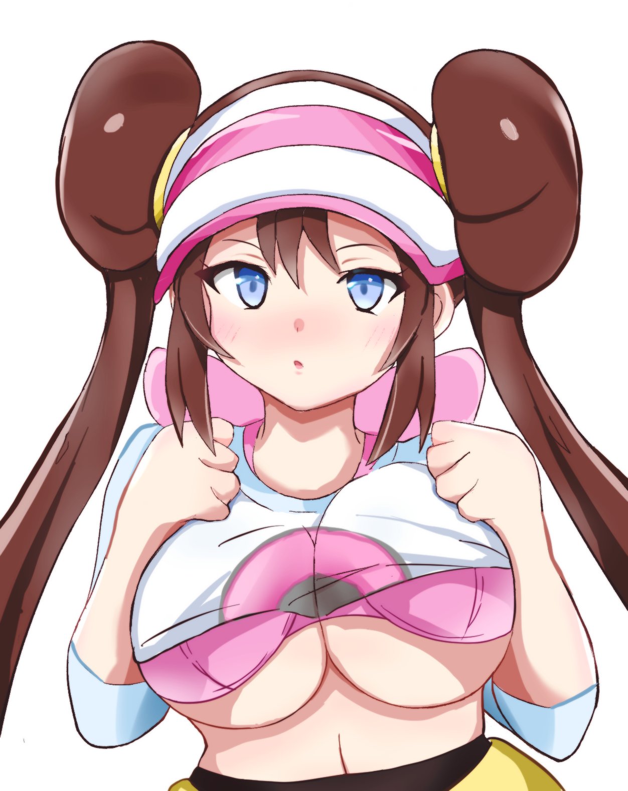 1girls, black pantyhose, blue eyes, bra, bra lift, breasts, brown hair, female, game freak, large breasts, looking at viewer, navel, nintendo, pantyhose, pink bra, pokemon, pokemon bw2, retori tori, rosa (pokemon), shirt, shirt lift, simple background, skirt, solo, solo female, solo focus, twintails, underboob, white background, yellow skirt