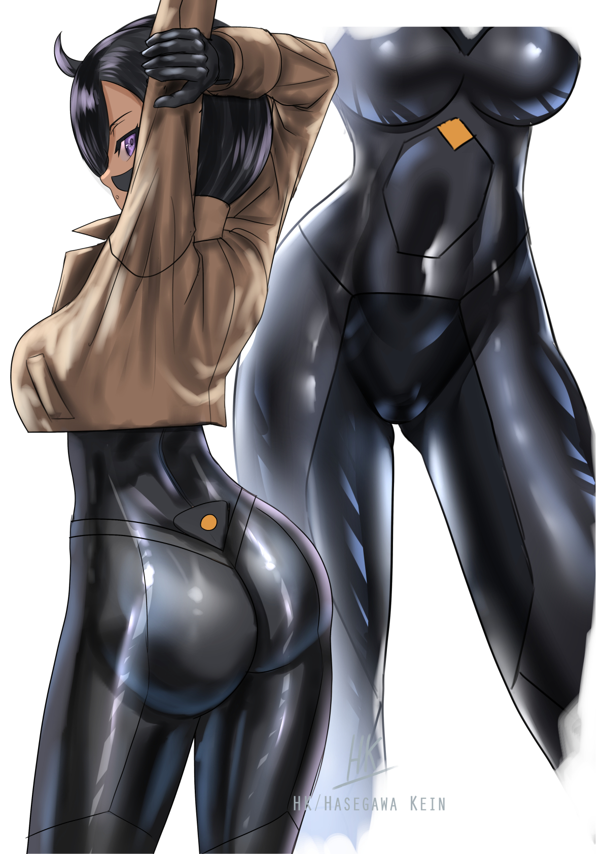 1girls, arm up, ass, black bodysuit, black hair, bodysuit, bodysuit under clothes, breasts, brown jacket, cowboy shot, curvy, emma (pokemon), female, highres, huge ass, jacket, jpeg, kein hasegawa, large breasts, matiere (pokemon legends: z-a), matiere (pokemon), multiple views, nintendo, pokemon, pokemon legends: z-a, purple eyes, simple background, solo focus, white background, wide hips