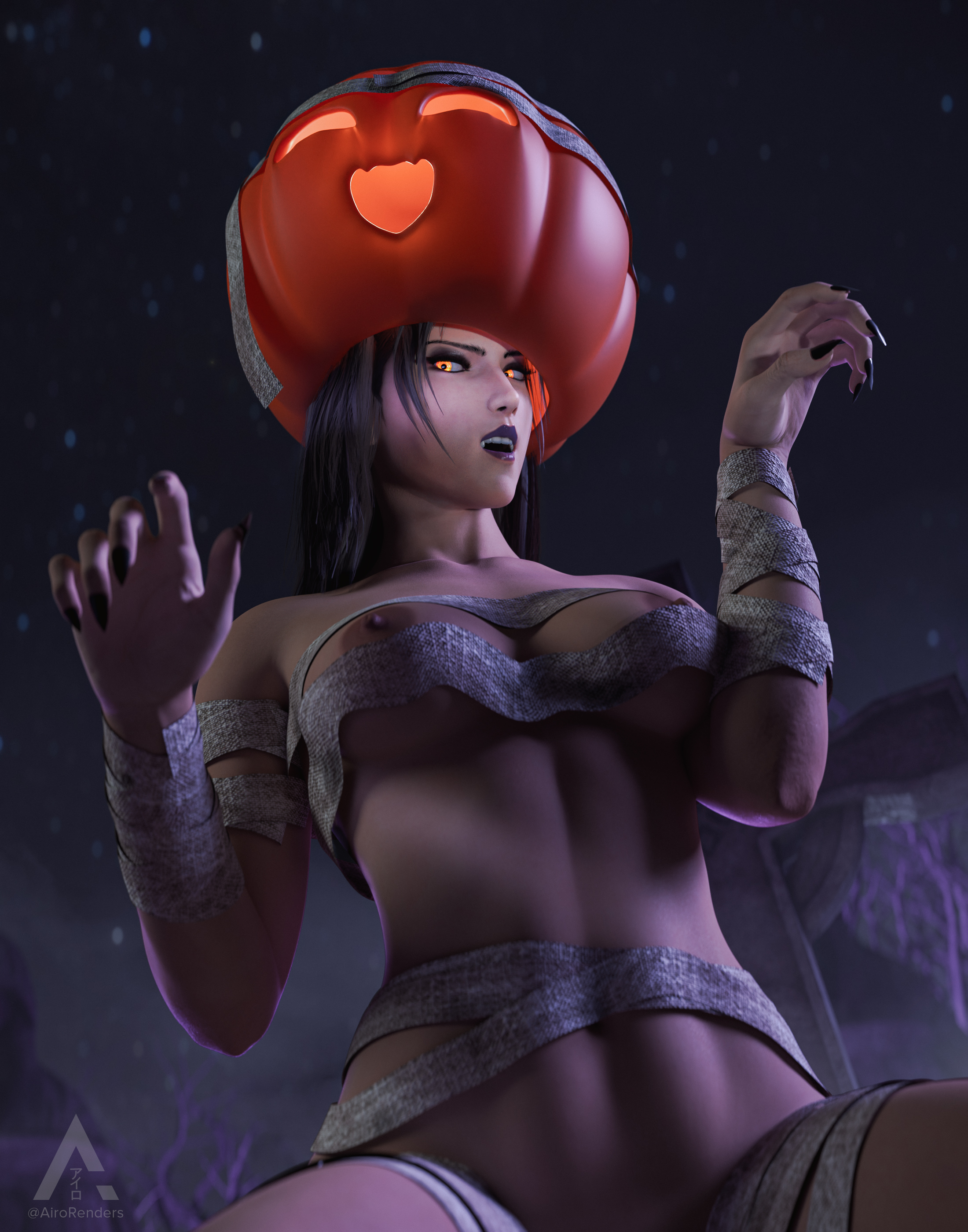 1girls, 2025, 3d, 3d (artwork), airorenders, amber eyes, asian, asian female, bandages, big breasts, black hair, blender, breasts, female, female only, female torso, golden eyes, graveyard, halloween, halloween costume, halloween decoration, halloween pumpkin, halloween theme, hi res, kazama jun, long hair, looking at viewer, makeup, mature female, milf, mommy, mummy costume, namco, nipples, nude, nude female, pumpkin, pumpkin head, tekken, tekken 8, tekken tag tournament, tekken tag tournament 2, unknown (tekken), yellow eyes