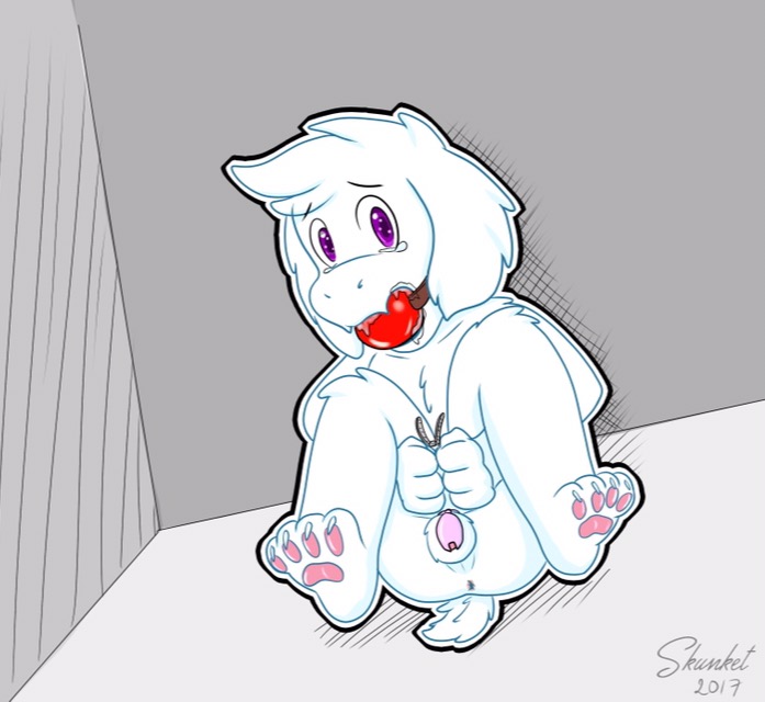 asriel_dreemurr ball_gag balltied bondage bound chastity chastity_cage chastity_device furry gag male_chastity male_only skunket tied_up undertale video_games