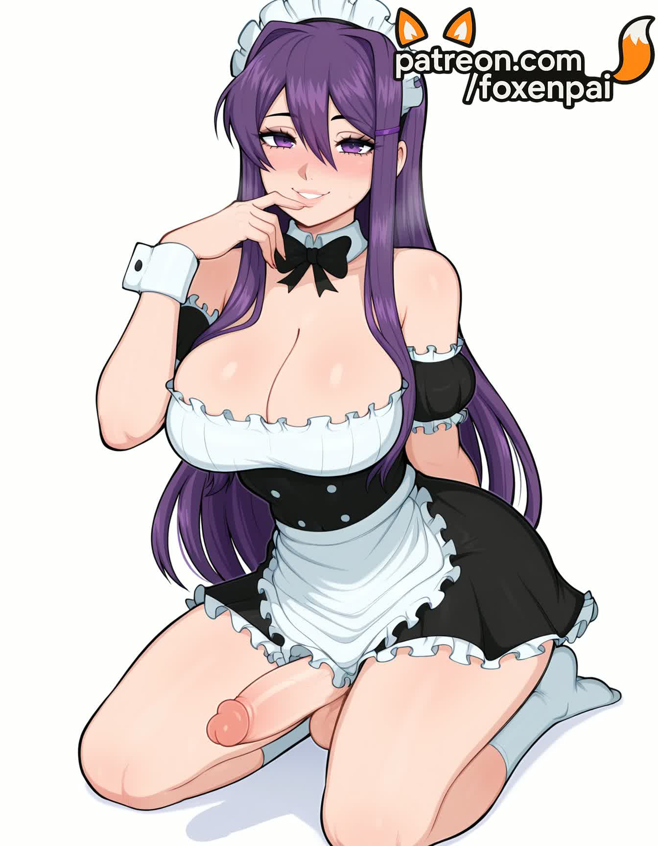 1boy, 1futa, 2025, ai generated, apron, artist name, balls, breasts, bust, chest, cock, crossdressing, dick, doki doki literature club, enmaided, erection, foreskin, foxenpai, futanari, hi res, high quality, high resolution, highres, intersex, long hair, maid, maid headdress, male, male focus, otoko no ko, patreon, patreon username, penis, purple eyes, purple hair, seiza, solo, stable diffusion, testicles, tight foreskin, uncircumcised, watermark, white apron, yuri (doki doki literature club)