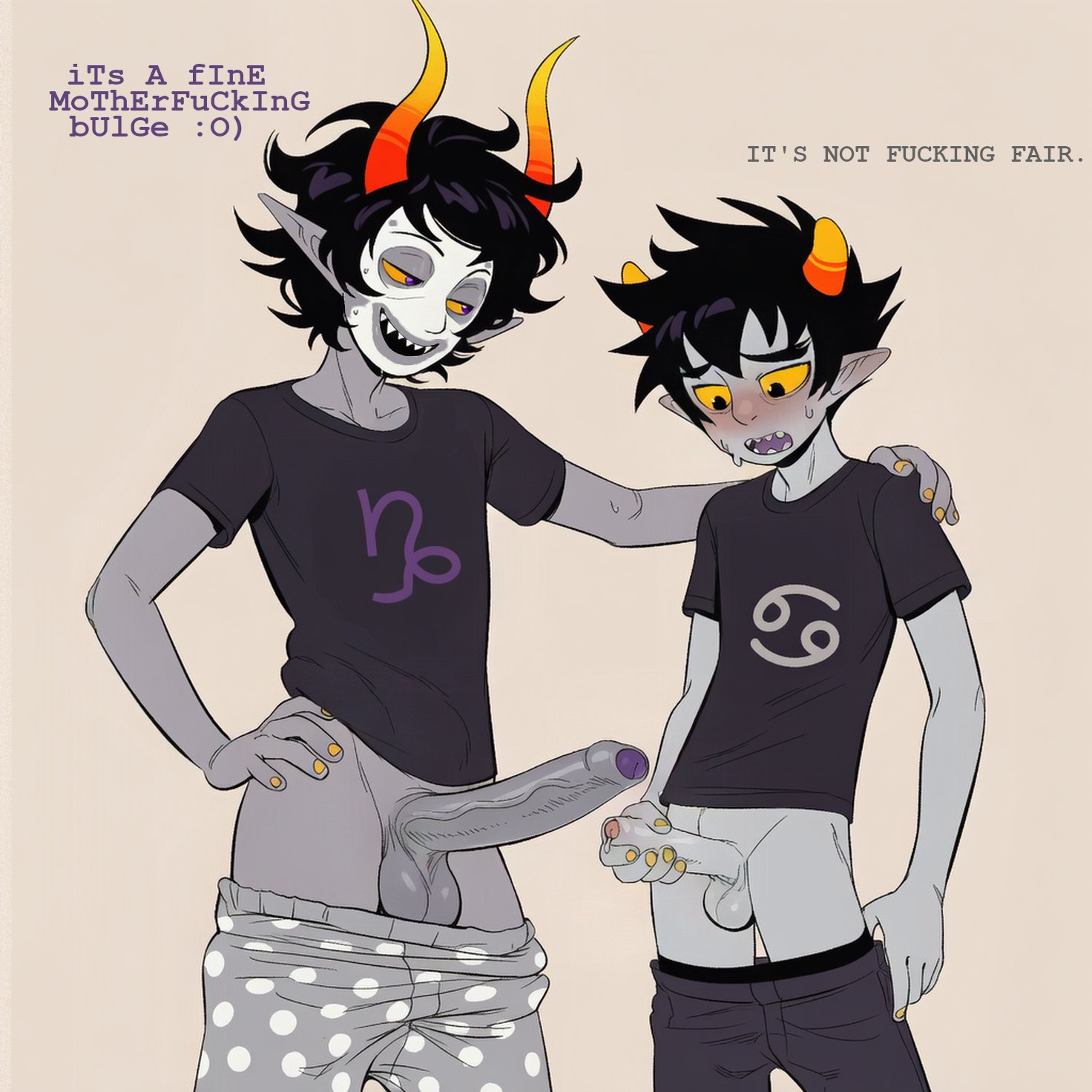2boys, ai assisted, ai generated, balls, face paint, foreskin, gamzee makara, gay, grey skin, homestuck, homestuck troll, horns, karkat vantas, kokenaart, male, pants down, penis, penis comparison, request, size difference, size play, uncircumcised, yaoi