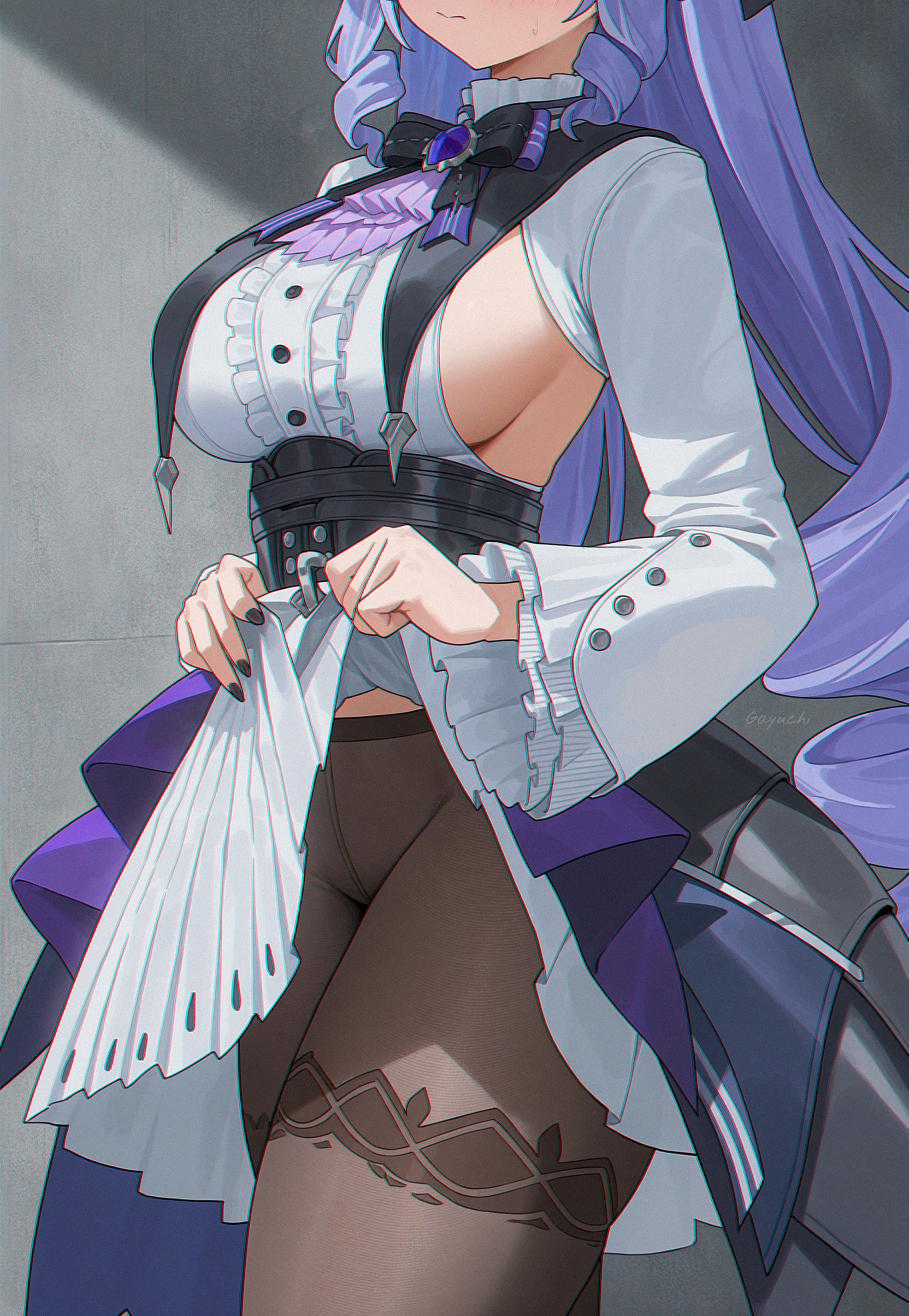 big breasts, breasts, female, hoyoverse, long hair, mihoyo, pantyhose, purple hair, sideboob, skirt lift, vivian (zenless zone zero), vivian banshee, zenless zone zero
