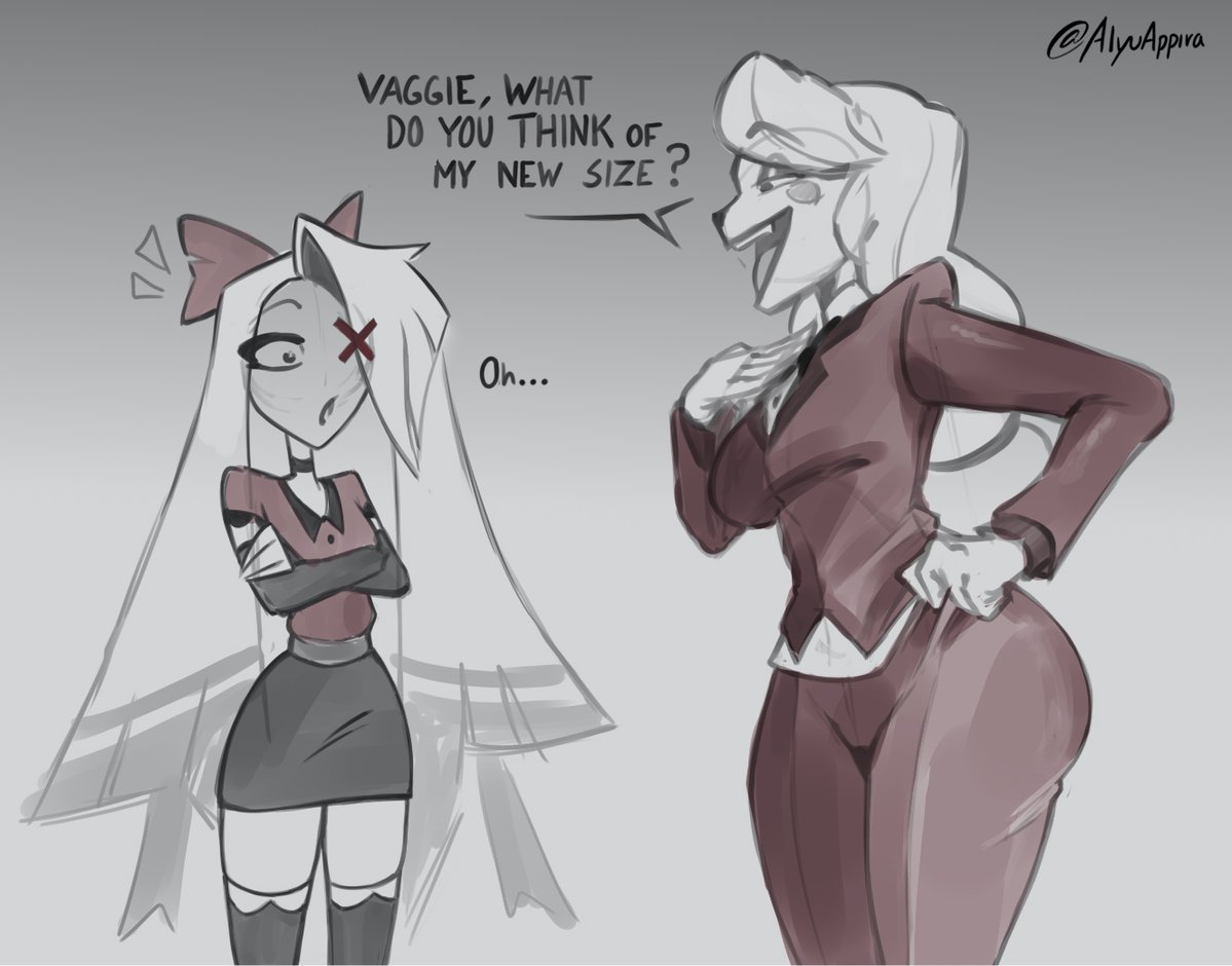 2girls, alyuappira, black underwear, blonde hair, blush, canon couple, charlie morningstar (hazbin hotel), clothing, demon, demon girl, female, hazbin hotel, hellaverse, looking at partner, open mouth, red dress, text, thick thighs, vaggie (hazbin hotel), vivienne medrano, vivziepop, wide hips, yuri