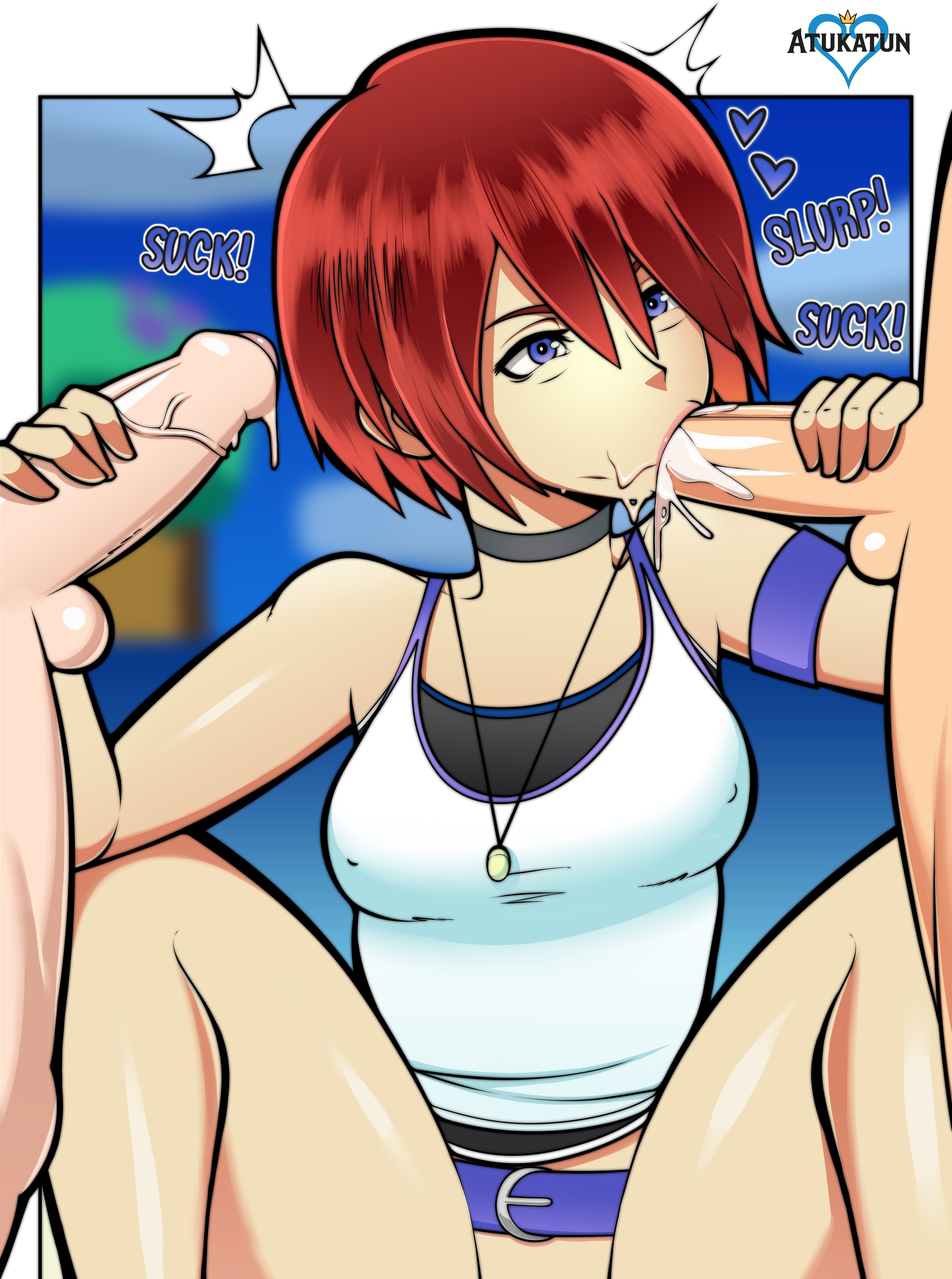 1girls, 2boys, 2boys1girl, atukatun, blowjob, blue eyes, bottomless, choker, clothed, cock, cock hungry, disney, fellatio, female, heart, kairi, kingdom hearts, male, onomatopoeia, oral, oral sex, partial male, penis, penis in mouth, red hair, red-haired female, riku, shirt, sora (kingdom hearts), square enix, threesome, watermark