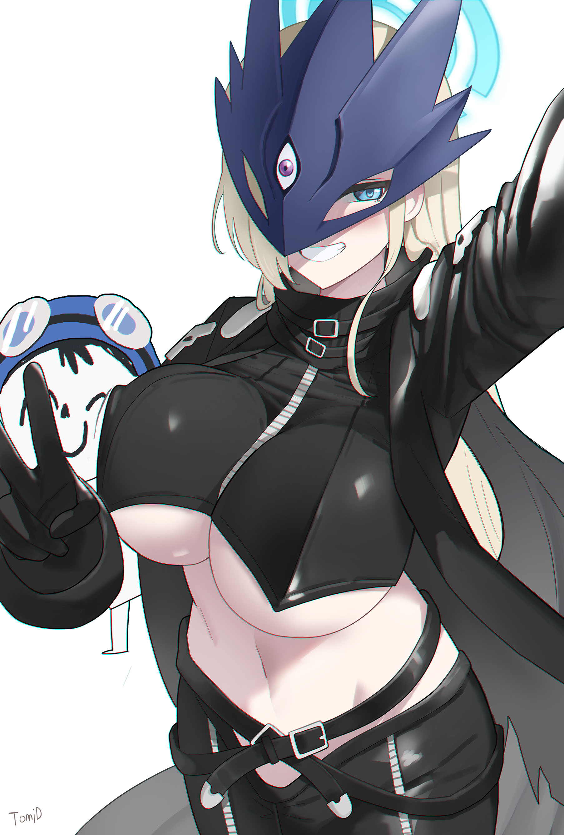 1boy, 1girls, absurdres, asuna (blue archive), beelstarmon, beelstarmon (cosplay), black coat, black pants, black shirt, blonde hair, blue archive, blue eyes, blue halo, blue hat, blue mask, breasts, coat, cosplay, crop top, digimon, female, goggles, goggles on head, grin, groin, hair over one eye, halo, hat, highres, large breasts, leather, leather coat, leather pants, looking at viewer, male, navel, open clothes, open coat, pants, shirt, smile, third eye (costume), tomid, underboob, v, what