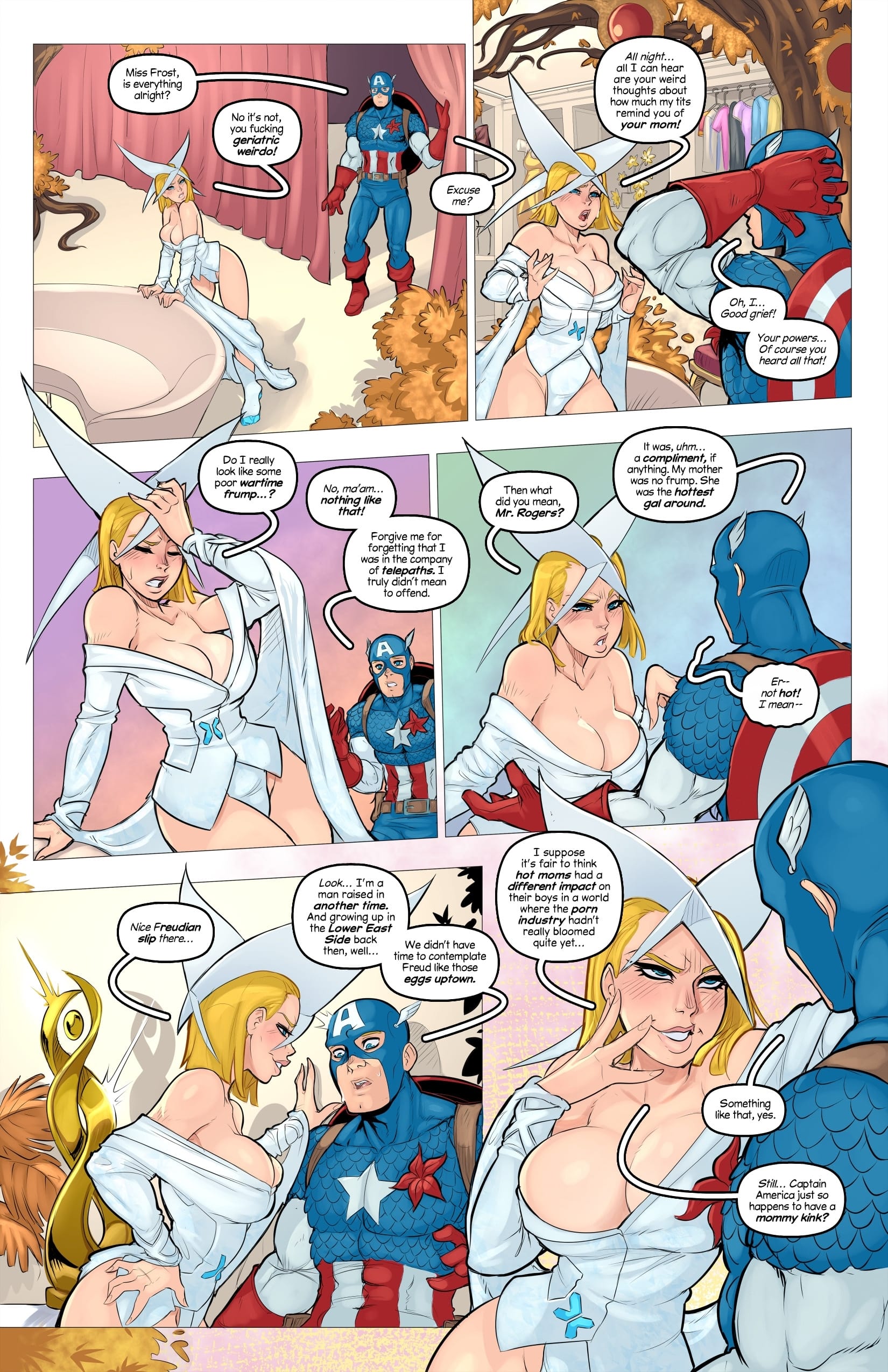 1boy, 1girls, breasts, captain america, captain america (series), caught staring, comic, confrontation, embarrassed, emma frost, female, freudian slip, imminent sex, incestuous desire, krakoa, large breasts, male, marvel, marvel comics, official alternate costume, porn comic, private room, pulled aside, scene reference, seductive, seductive look, seductive pose, sensual, steve rogers, tracyscops, x-men
