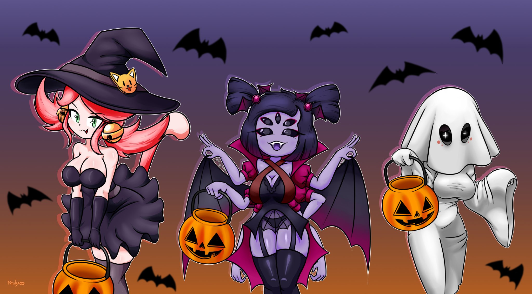 3girls, andydrew297149, female, halloween, halloween costume, halloween theme, little red slicing hood, mad mew mew, muffet, pale skin, pale-skinned female, pink hair, red (undertale red), tagme, undertale, undertale (series), undertale red