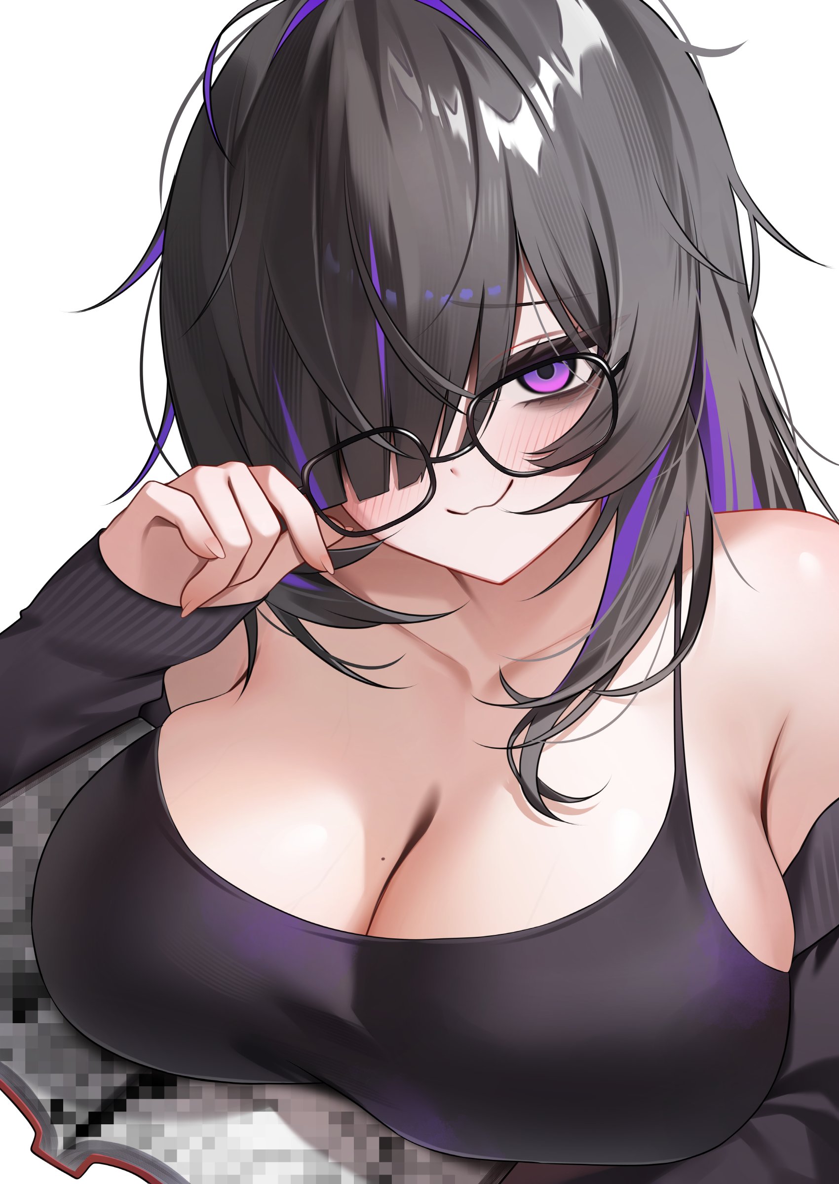 1girls, absurdres, black camisole, black hair, black-framed eyewear, book, breasts, camisole, censored, cleavage, eyebrows hidden by hair, fake censor, fingernails, glasses, goddess of victory: nikke, hair over one eye, hand up, hashtag-only commentary, highres, huge breasts, label (nikke), long bangs, long sleeves, looking at viewer, mole, mole on breast, mosaic censoring, multicolored hair, one eye covered, open book, parted bangs, purple eyes, raised inner eyebrows, removing eyewear, shuvi (shuvi1125), simple background, solo, spaghetti strap, streaked hair, upper body, variant set, white background