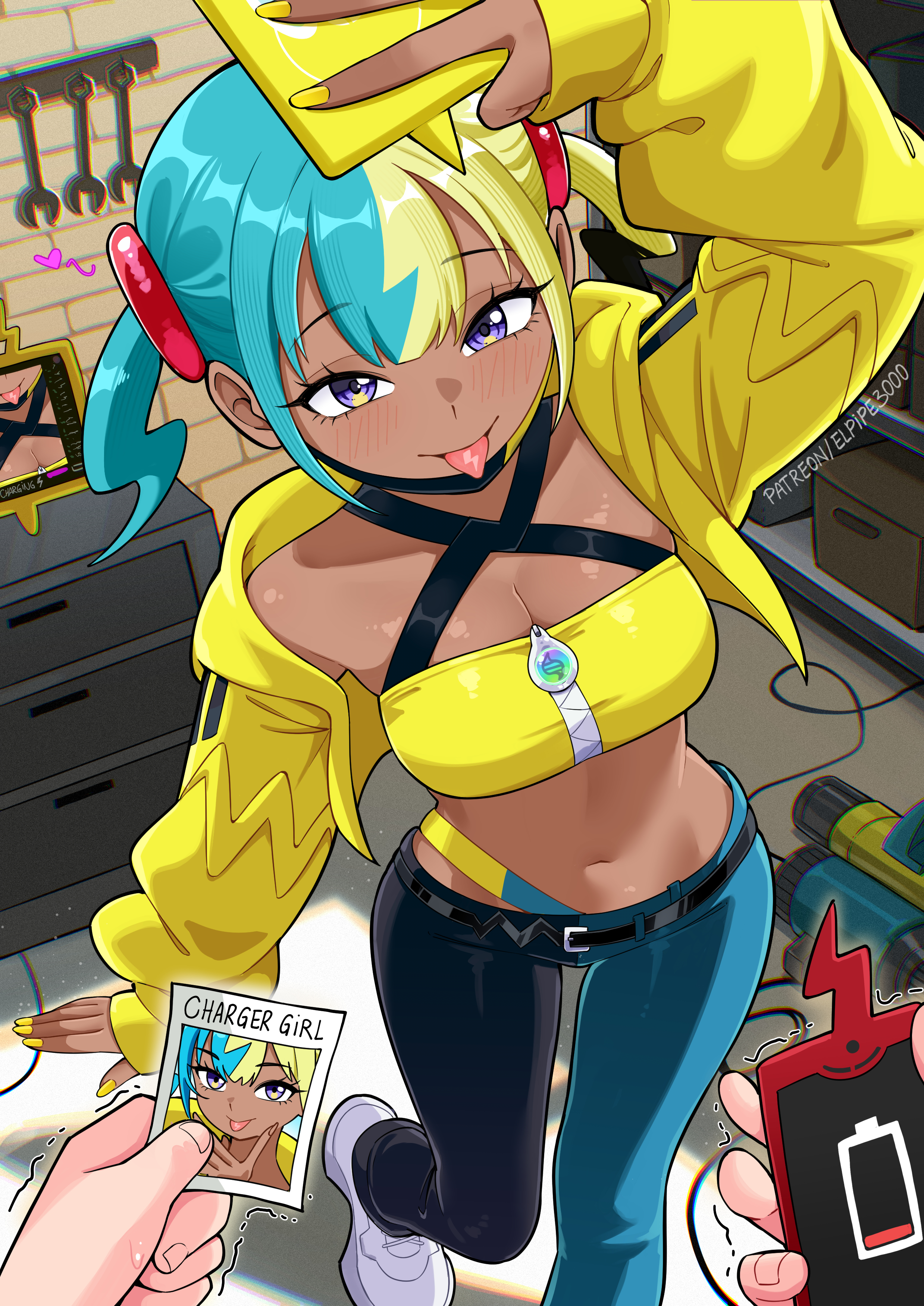 absurdres, aqua hair, bandeau, battery indicator, belt, black belt, black mask, black pants, blonde hair, blue eyes, blush, breasts, canari (pokemon), canary (pokemon), cleavage, closed mouth, commentary, criss-cross straps, dark skin, dark-skinned female, elpipe 3000, elpipe3000, english commentary, english text, female, garage, gen 4 pokemon, heart, highres, holding, holding phone, jacket, large breasts, long sleeves, looking at viewer, mask, mask pull, mega stone, mouth mask, multicolored hair, nail polish, navel, nintendo, pants, phone, photo (object), pokemon, pokemon legends: z-a, pov, pov hands, rotom, rotom phone, selfie, shoes, short twintails, smile, solo focus, split-color hair, sports bra, tongue, tongue out, twintails, two-tone hair, two-tone mask, two-tone pants, white pants, wrench, yellow bandeau, yellow jacket, yellow mask, yellow nails, yellow sports bra