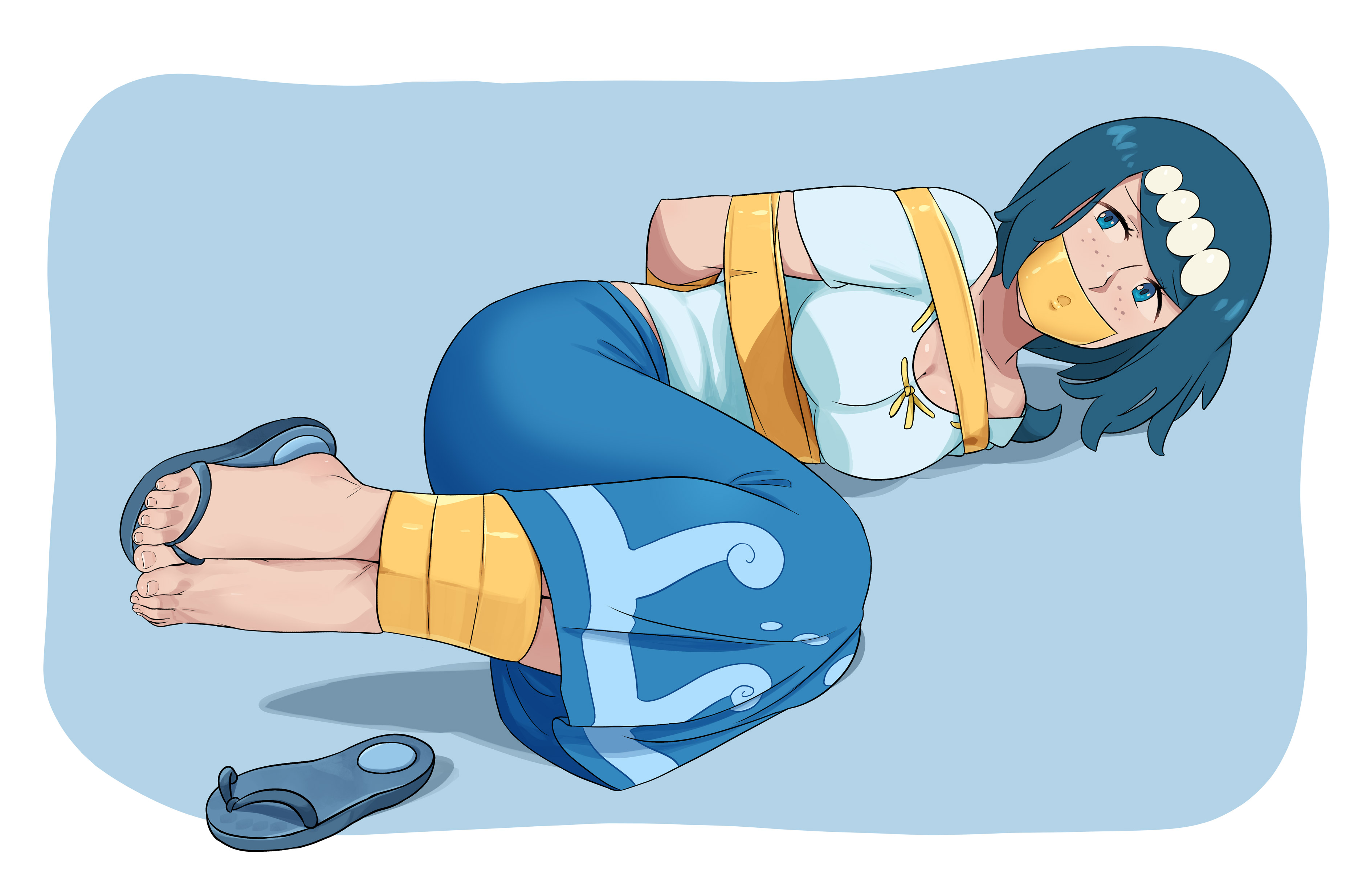 arms behind back, blue eyes, blue hair, bondage, bound ankles, bound arms, bound wrists, cleavage, feet, female, freckles, improvised gag, lana's mother (pokemon), lostonezero, mature female, milf, pokemon, pokemon (anime), pokemon sm (anime), sandals, sandals removed, tape bondage, tape gag